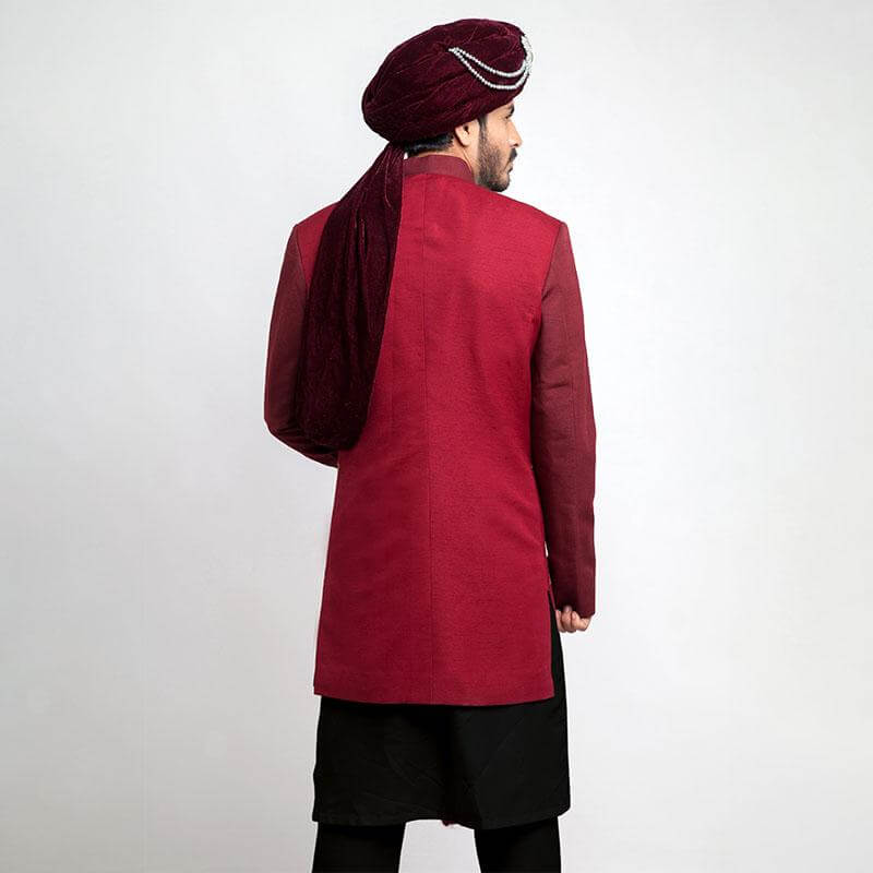 Burgundy and Maroon Velvet Short Sherwani for Men | Indian Wedding Outfit | Traditional Kurta for Festivals & Special Occasions | Perfect for Groom Wear, Diwali & Mehndi Ceremonies