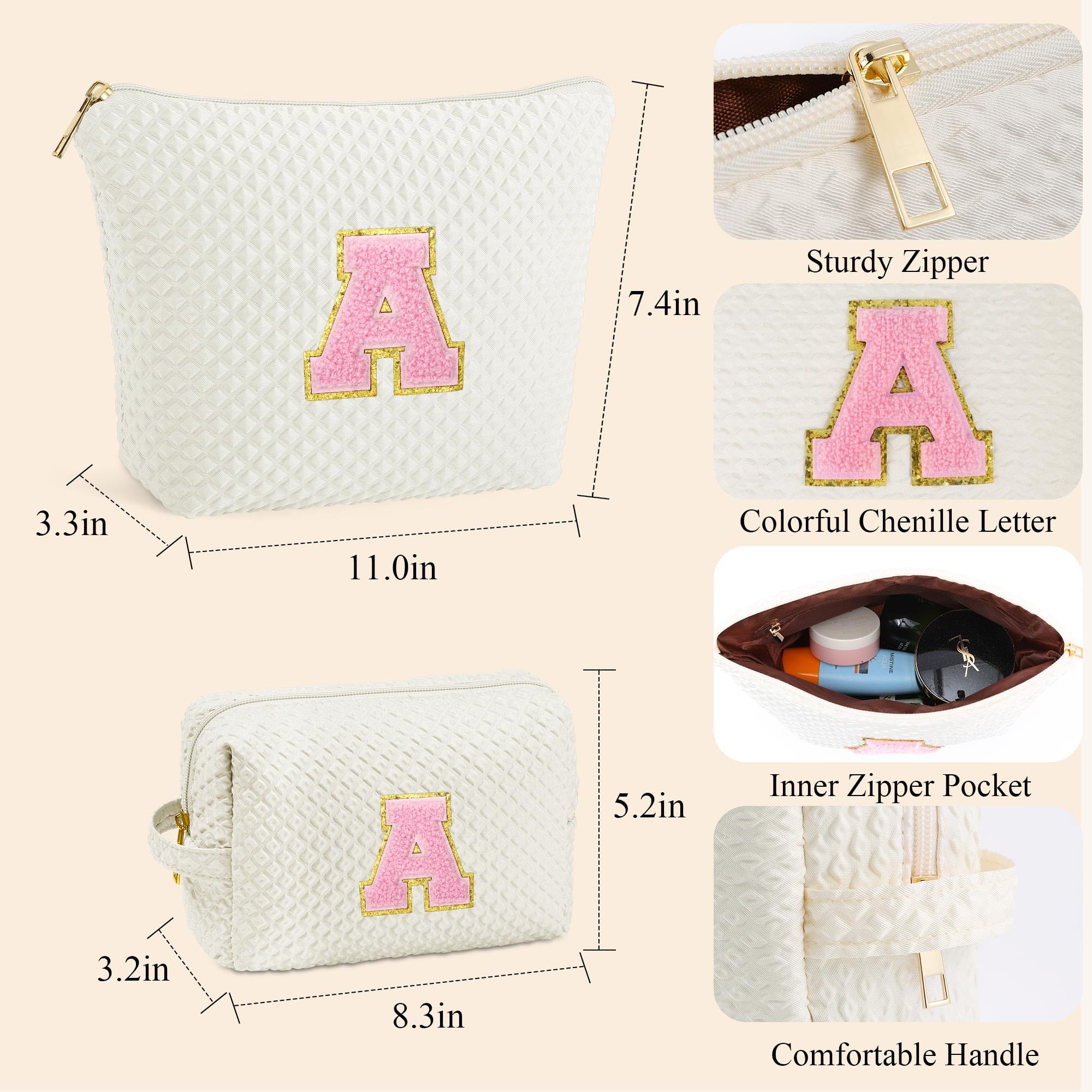 YOOLIFE Personalized Monogram Initial Makeup Bag for Women - Cute Cosmetic Travel Toiletry Pouch, White Makeup Organizer for Daily Use, Gifts & Travel Essentials