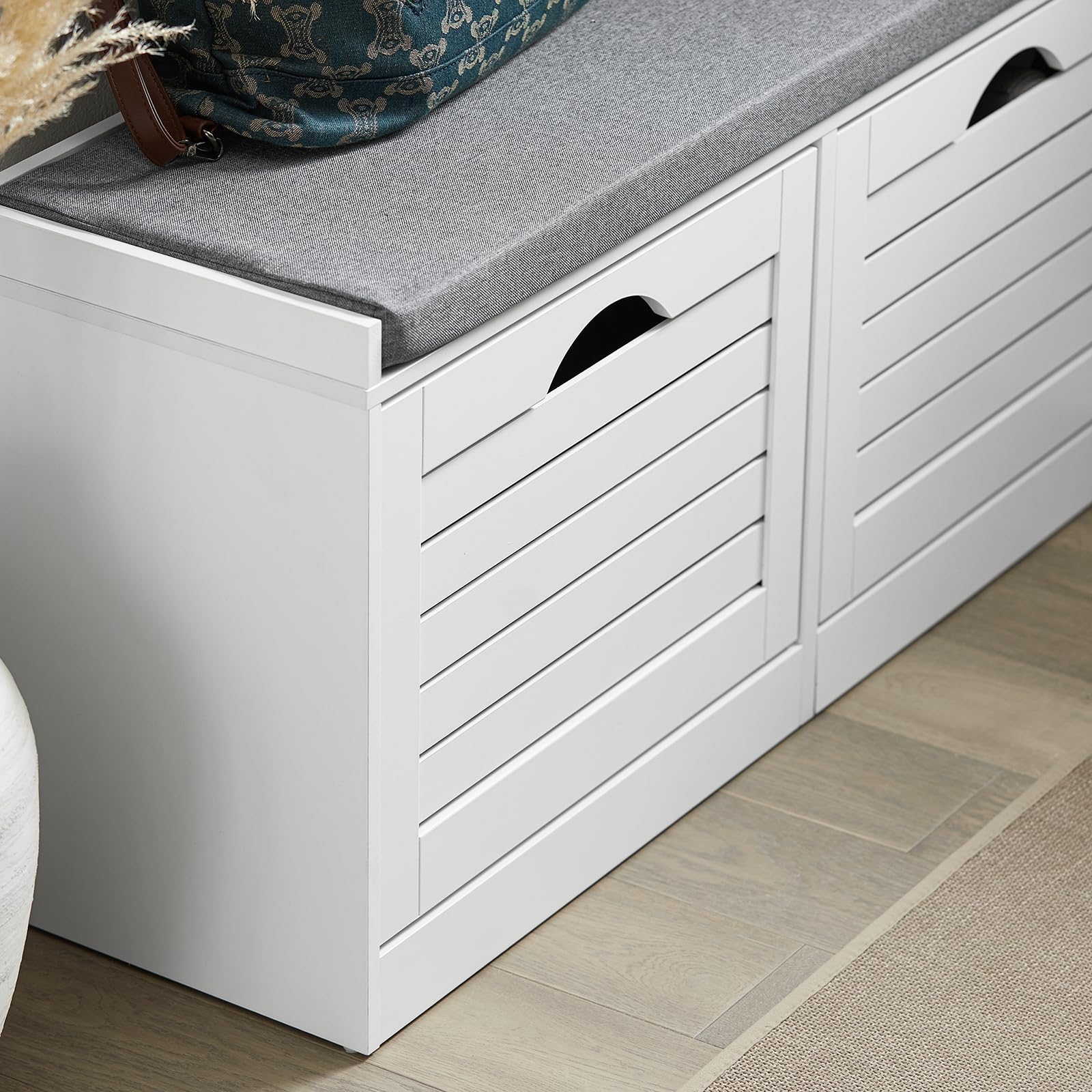 White Shoe Storage Bench with 2 Drawers & Padded Seat Cushion - Narrow Entryway Shoe Cabinet for Hallway, Mudroom & Window Seat - Perfect for Organizing Shoes, Hats & Seasonal Items by the Front Door