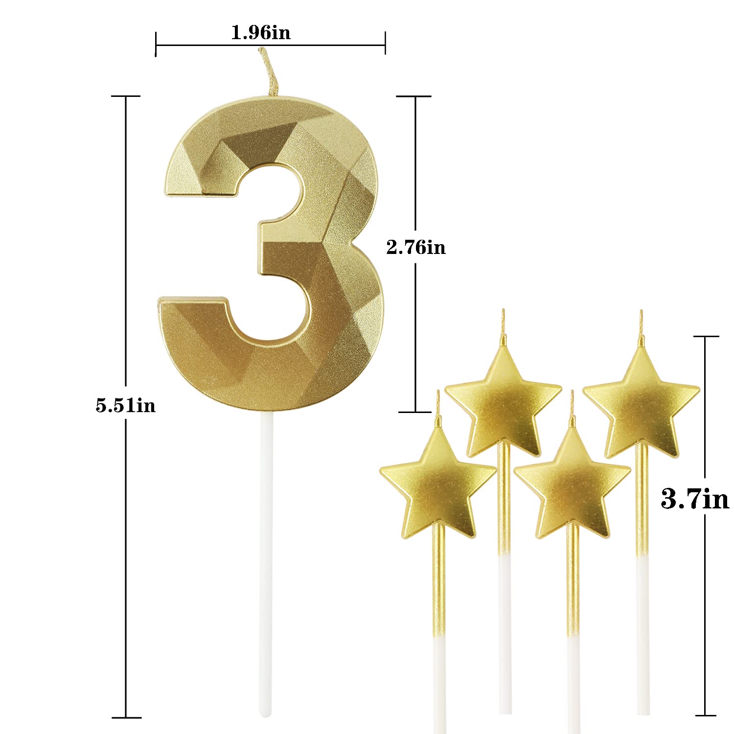 Golden Number 3 Birthday Candles & Star Shaped Cake Candles - 2.76 Inch 3D Diamond Design for Birthday Parties, Anniversary Decorations, Wedding Cakes (Gold) - Perfect for Kids' Birthday Cakes, Cupcake Toppers, and Special Celebration Desserts