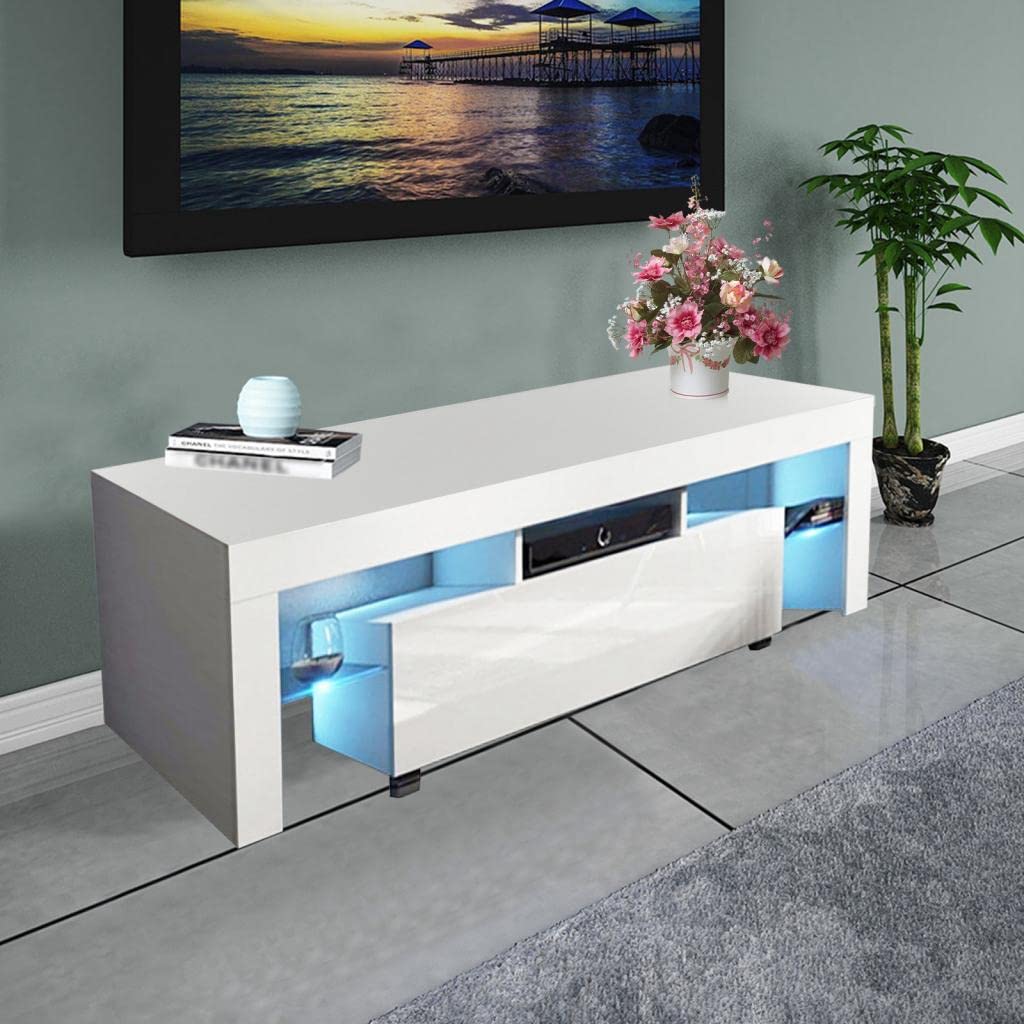 Modern Minimalist White High-Gloss LED TV Stand with Storage - Sleek Living Room Entertainment Center for 55-75 Inch TVs - Perfect for Home Theater & Family Movie Nights