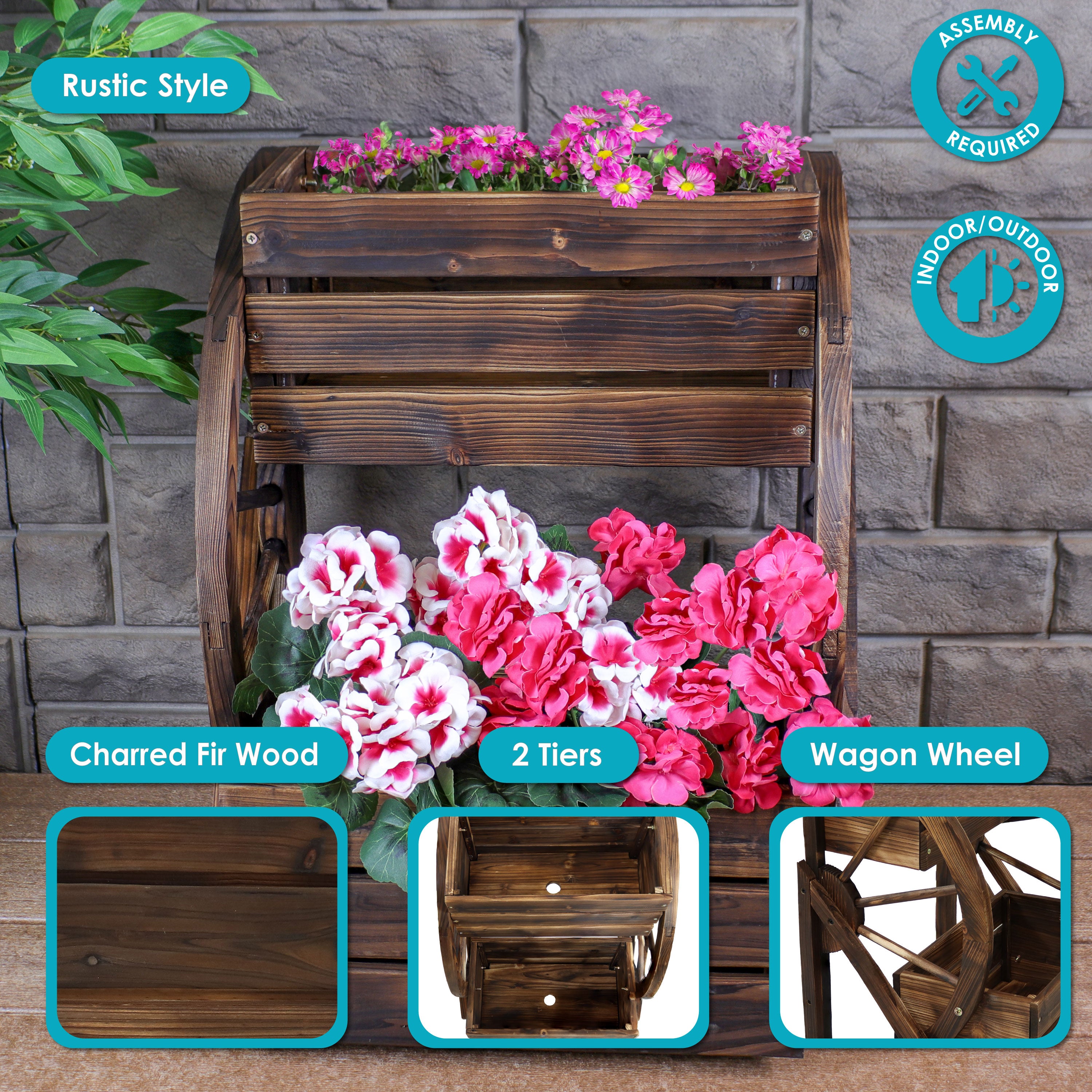 Rustic Wood Wagon Wheel 2-Tier Plant Stand for Indoor & Outdoor Decor - Perfect for Patio, Garden, or Farmhouse Style Home