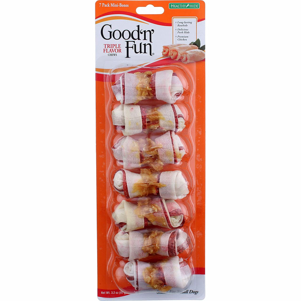 Good 'n' Fun Triple-Flavor Dog Chew Bones - Beef, Pork & Chicken Mini (7 Pack, Pack of 4) - Long-Lasting Dental Treats for Small & Medium Dogs - Perfect for Training, Teething & Playtime