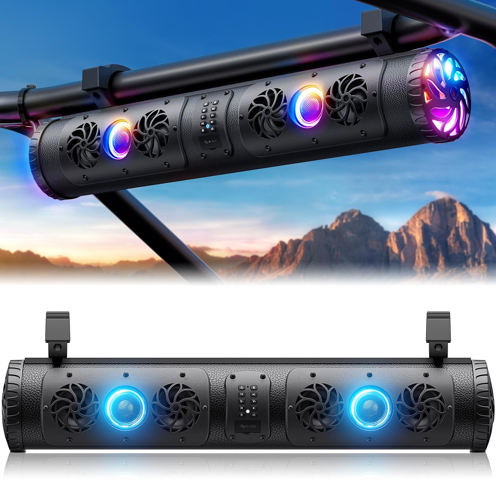 27 Inch UTV Sound Bar with Bluetooth - Waterproof ATV Stereo System with Multicolor LED Lights | Compatible with Polaris RZR, Can-Am SXS & Marine Boats | Perfect for Off-Road Adventures, Golf Carts & Outdoor Parties