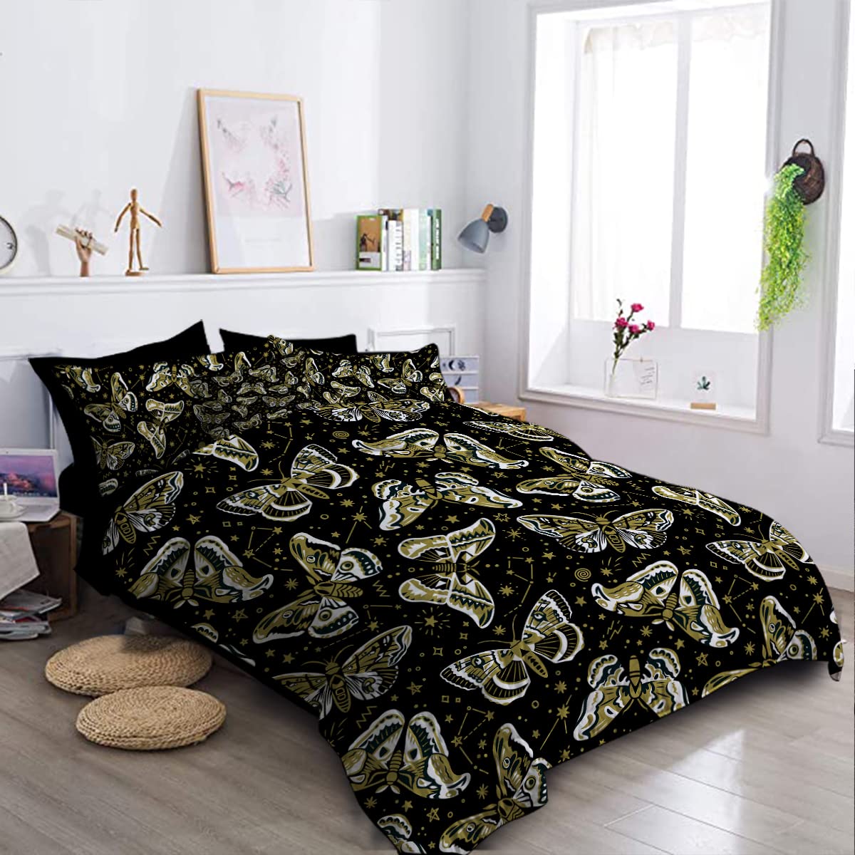 BlessLiving 8-Piece Monarch Butterfly Comforter Set - Queen Size Bedding with Gold & Black Design, Includes 1 Comforter, 2 Pillow Shams, 1 Flat Sheet, 1 Fitted Sheet, 1 Cushion Cover & 2 Pillowcases - Perfect for Bohemian Bedroom Decor & Butterfly Theme Rooms