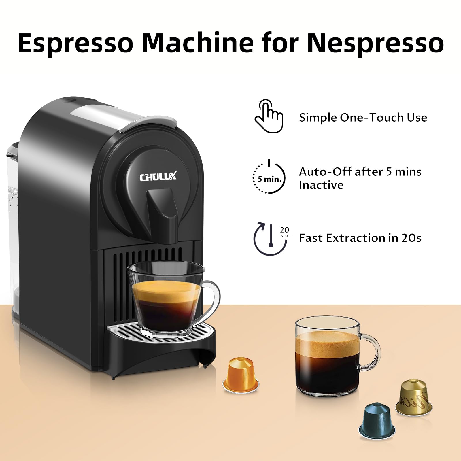 CHULUX Bafè-Pro Espresso Machine - Mini Single Serve Coffee Maker for Nespresso Original Capsules, 20 Bar Italian Pump for Home Espresso & Lungo - Perfect for Small Kitchens, Offices & Coffee Lovers (Black)