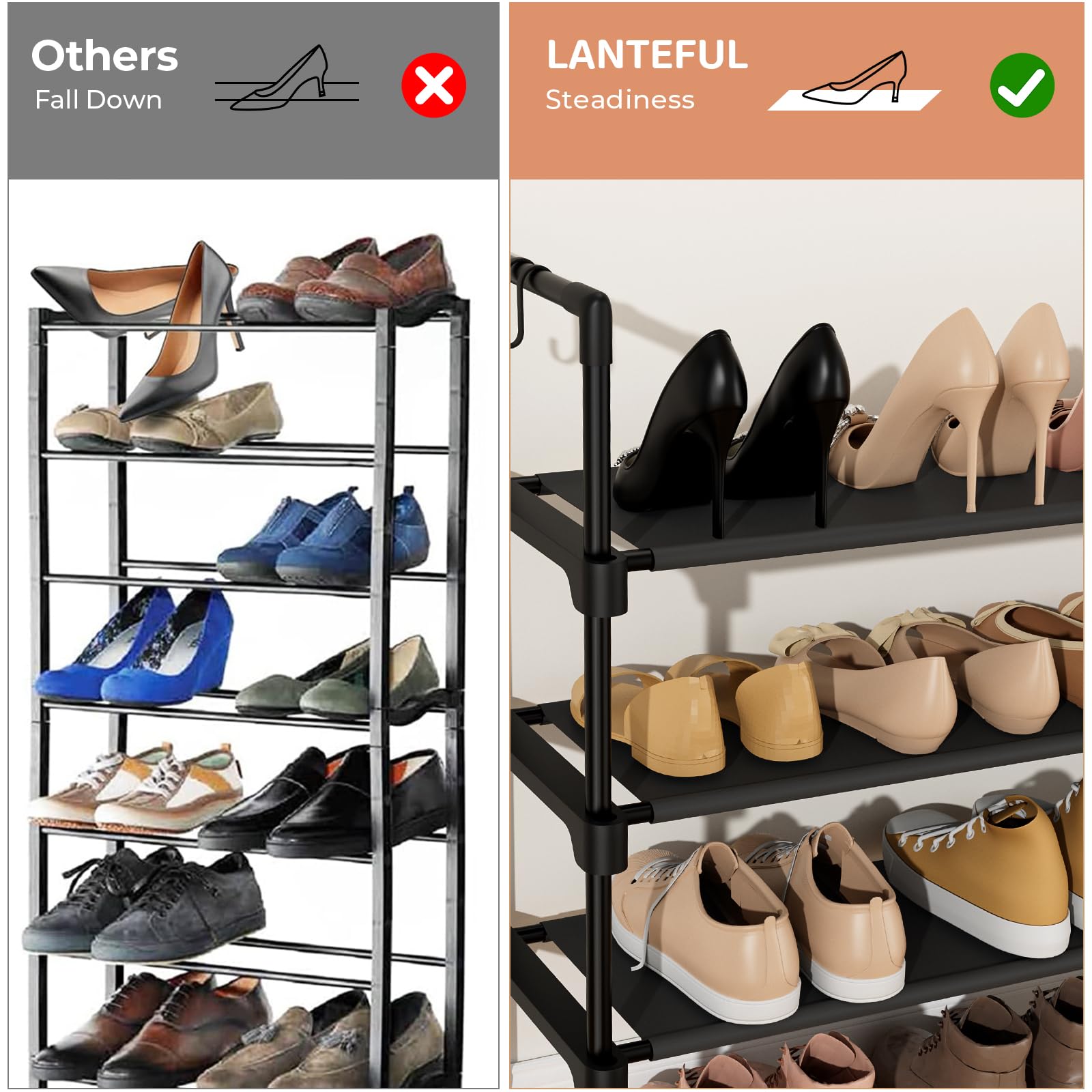 3 Tier Shoe Rack for Closet - Space Saving Shoe Organizer with 5 Hooks, Stackable Free Standing Shoe Shelf for Entryway, Garage, Dorm & Small Spaces - Perfect for Boots, Sneakers & Heels Storage (Black) | Ideal for Home, Office & Apartment Organization