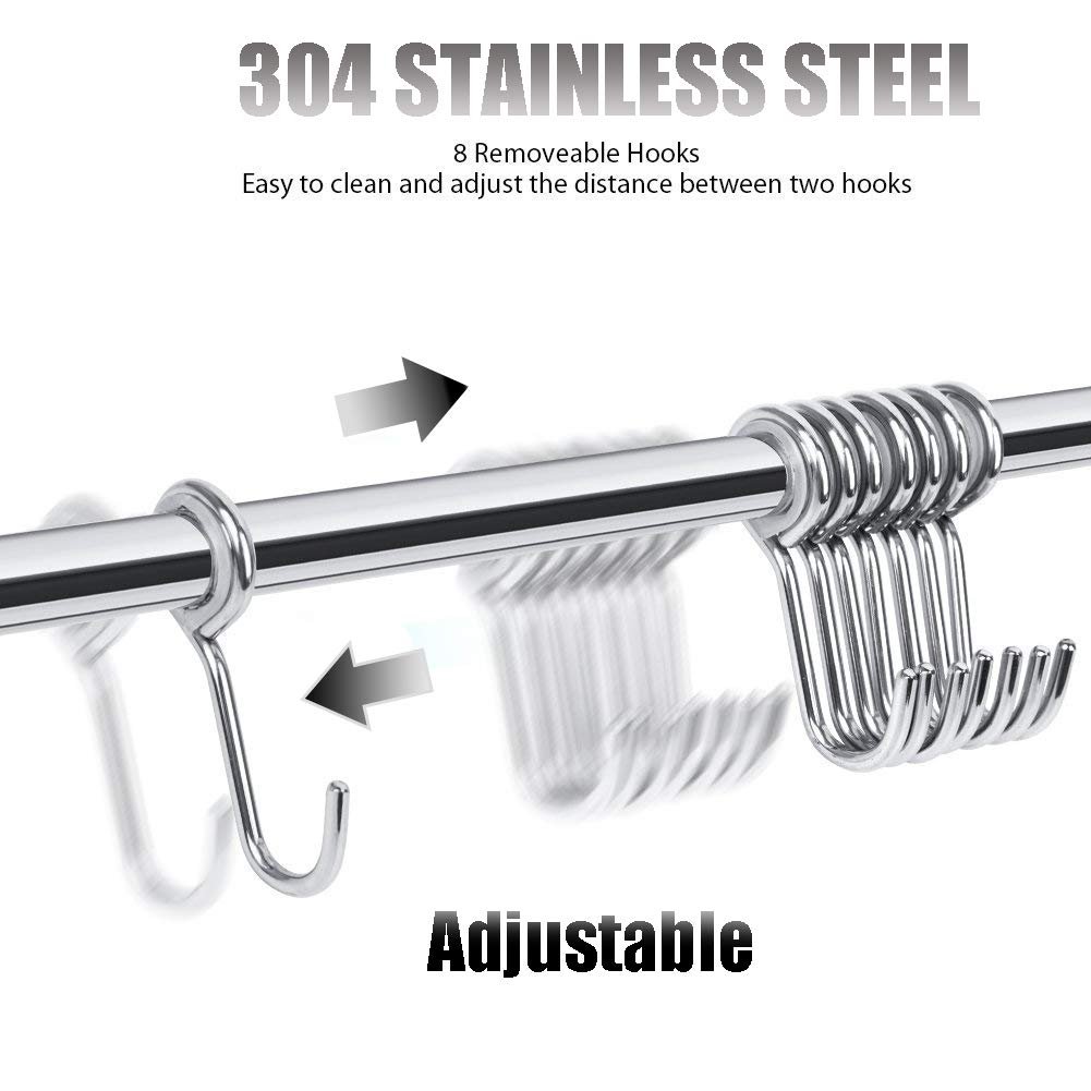 Stainless Steel Wall Mounted Kitchen Utensil Rack - 20 Inch Space Saving Organizer with 8 Removable S Hooks for Hanging Knives, Spoons, Pots & Pans - Perfect for Small Kitchens, RVs, and Dorm Rooms