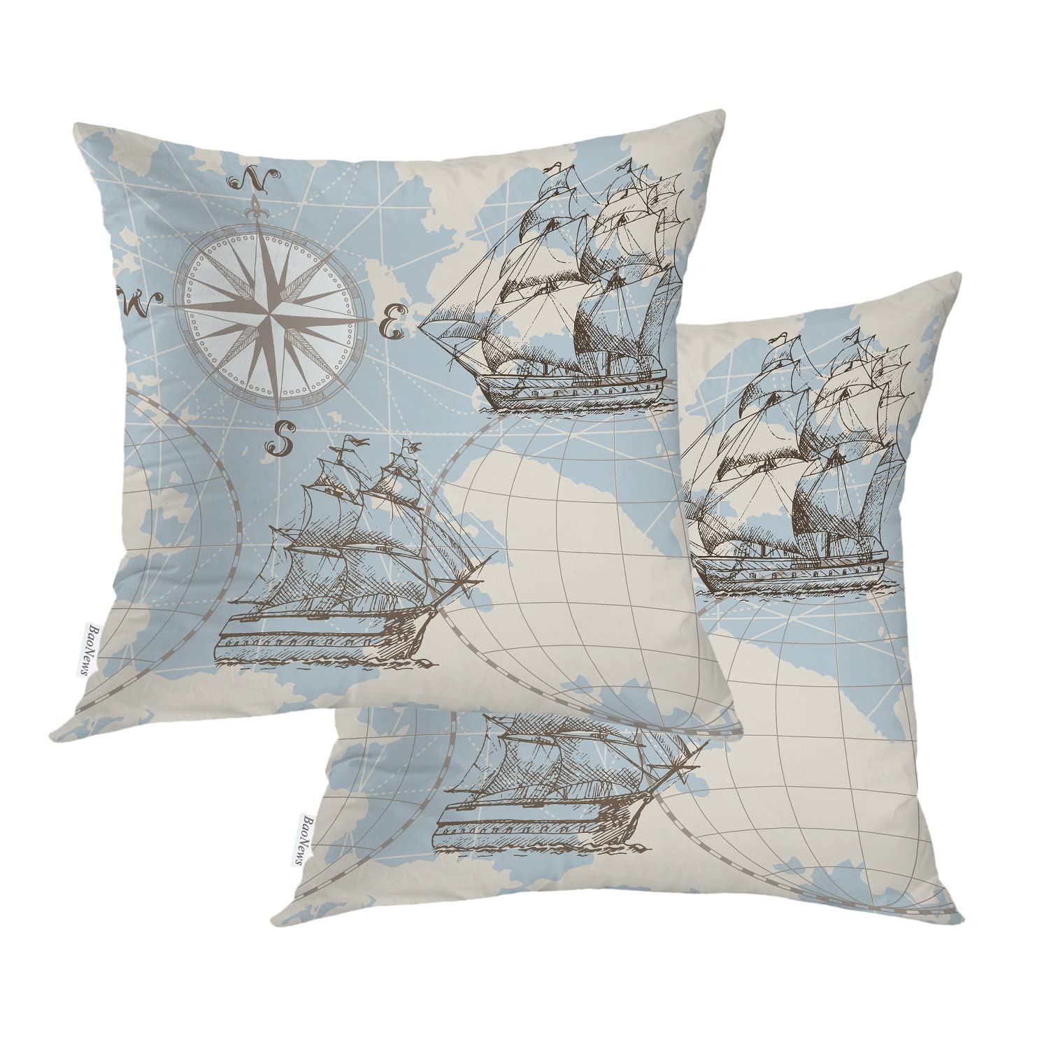 Nautical Decorative Pillow Covers 16x16 Inch - Ocean Map with Compass & Sailboat Design, Cotton Square Cushion Covers for Sofa, Bed, Living Room - Perfect for Coastal Home Decor and Beach House Styling