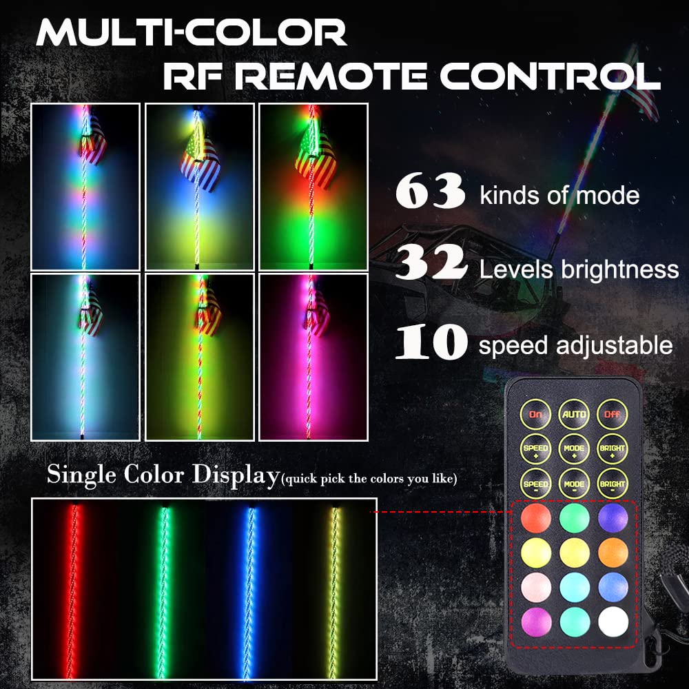 2PCS 5FT RF Remote Control RGB LED Whips Light with Spring Bases - Color Changing Dancing/Chasing Lights for Cars, Motorcycles, Parties & Night Clubs (5FT-Two, Remote Included)