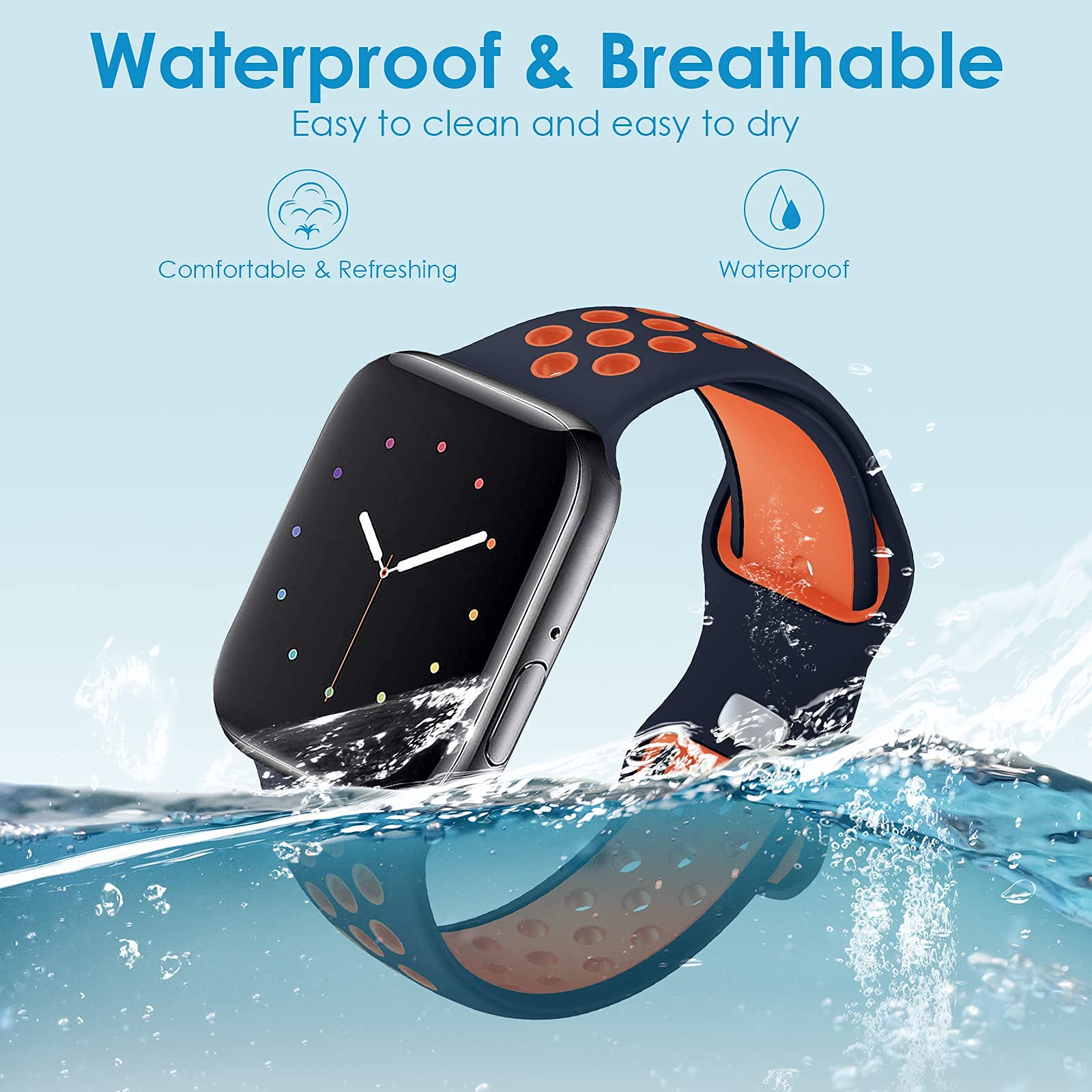 NOY Sport Bands for Apple Watch 42mm 44mm 45mm 46mm 49mm - Soft Breathable Silicone Replacement Strap Compatible with iWatch Series 10/9/8/7/6/5/4/3/2/1/SE/Ultra - Blue & Orange - Perfect for Running, Gym & Everyday Wear