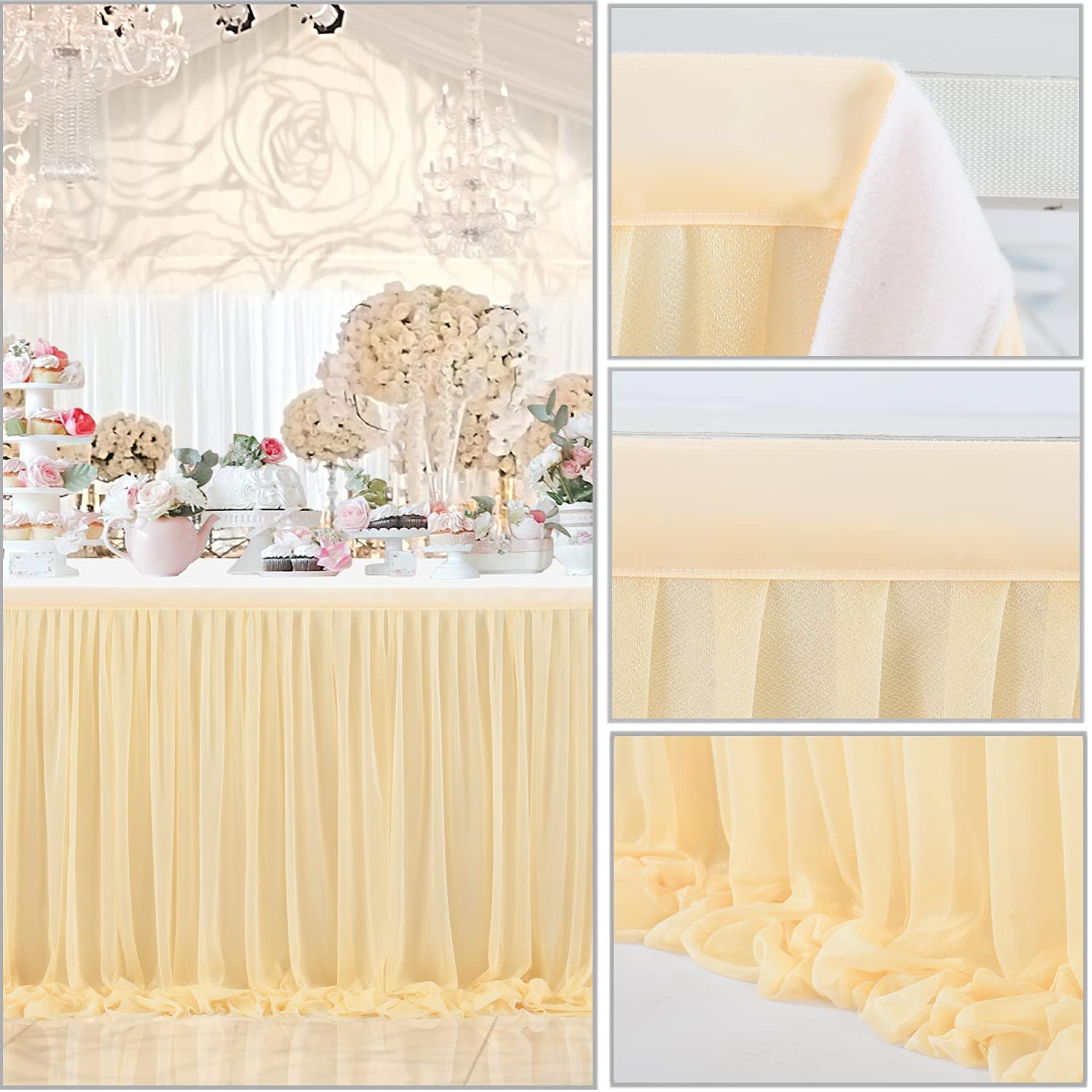 Suppromo 6ft Champagne Tulle Table Skirt for Rectangle & Round Tables - Elegant Wedding, Baby Shower, Birthday Party, Dessert Buffet & Banquet Decoration - Perfect for Indoor & Outdoor Celebrations
