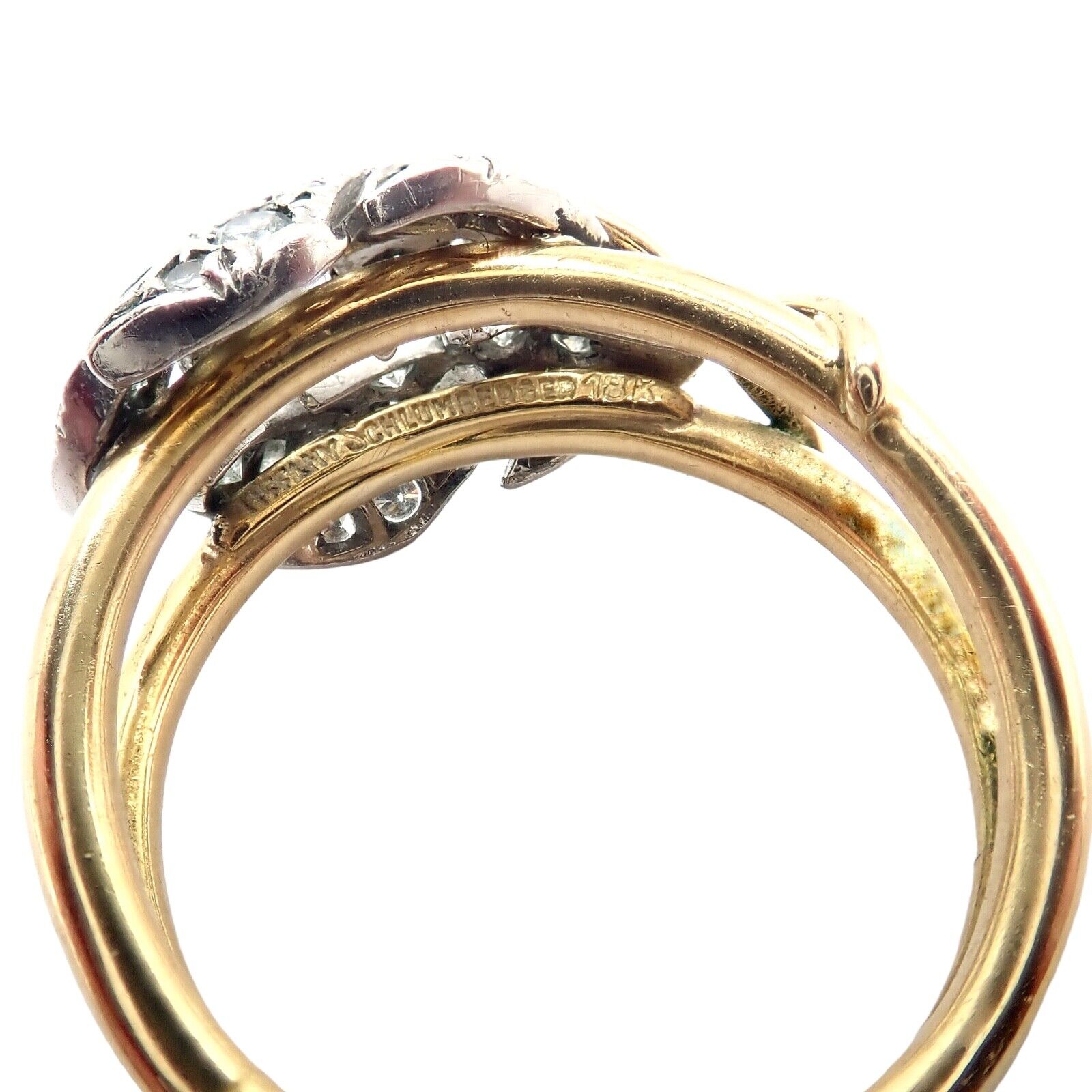 Authentic Tiffany & Co. Schlumberger Diamond Ring in 18K Yellow Gold & Platinum - Elegant Two Leaf Design for Weddings, Anniversaries & Special Occasions