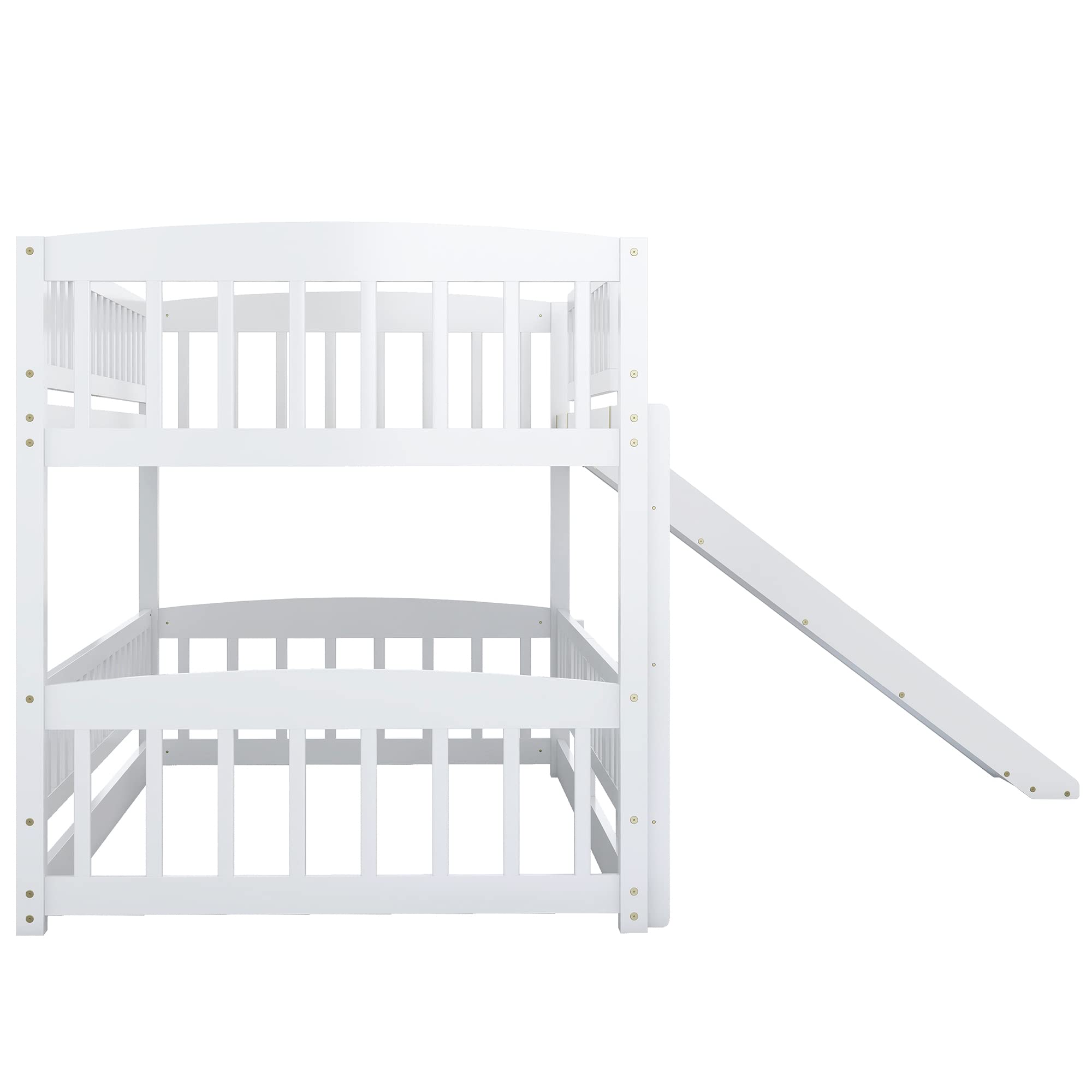 LZ LEISURE ZONE Twin Over Twin Bunk Bed with Slide - Wooden Low Bunk Bed Frame with Safety Fence & Ladder - Space-Saving Kids Bedroom Furniture (White) - Perfect for Small Rooms, Shared Kids' Bedrooms & Fun Play Areas
