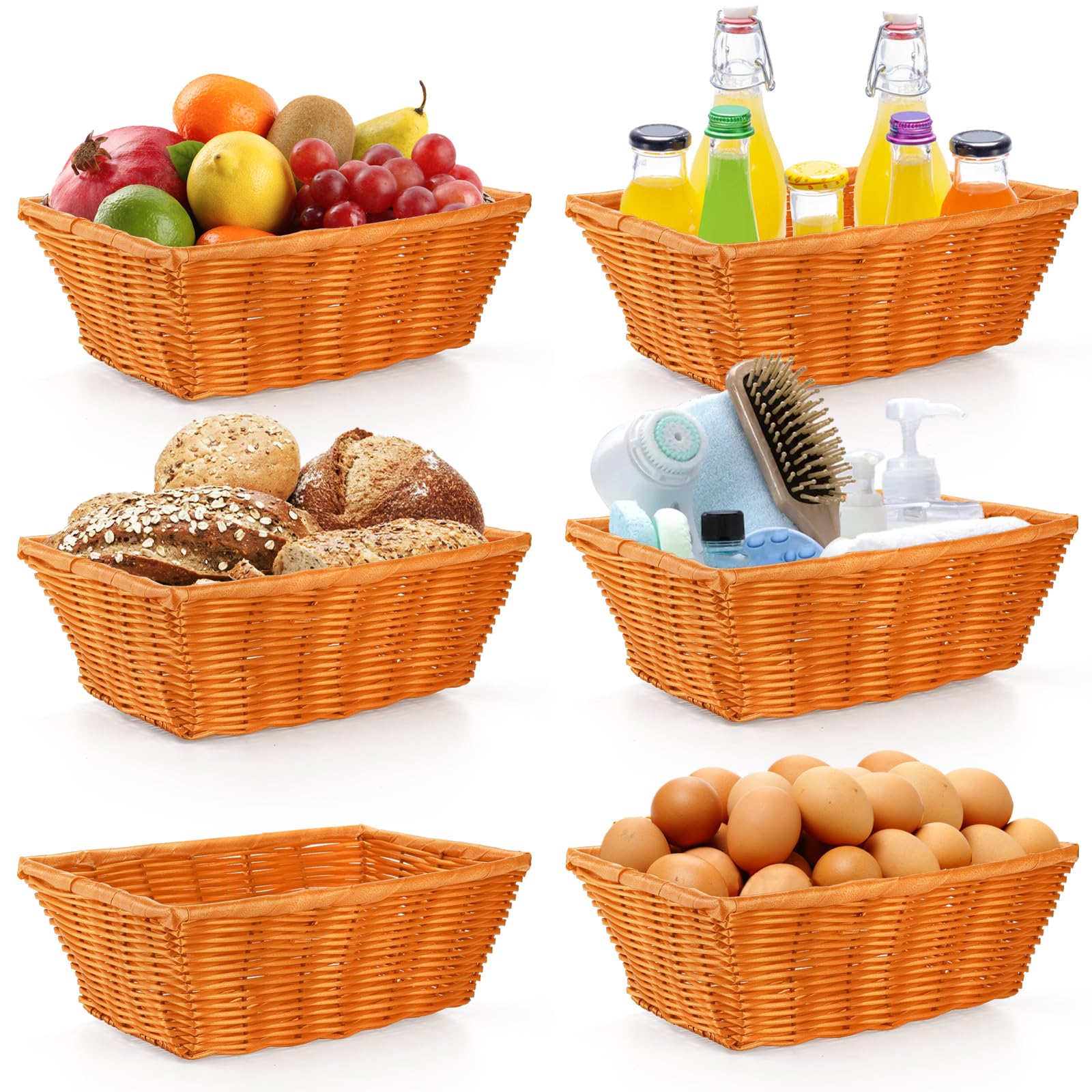 Coloch 6-Pack 12-Inch Plastic Woven Bread Baskets - Stackable Rectangle Serving Baskets for Fruits, Bread, Vegetables & Towels - Durable Imitation Rattan Design for Home, Restaurant & Outdoor Use - Perfect for Picnics, Dining Tables & Kitchen Storage