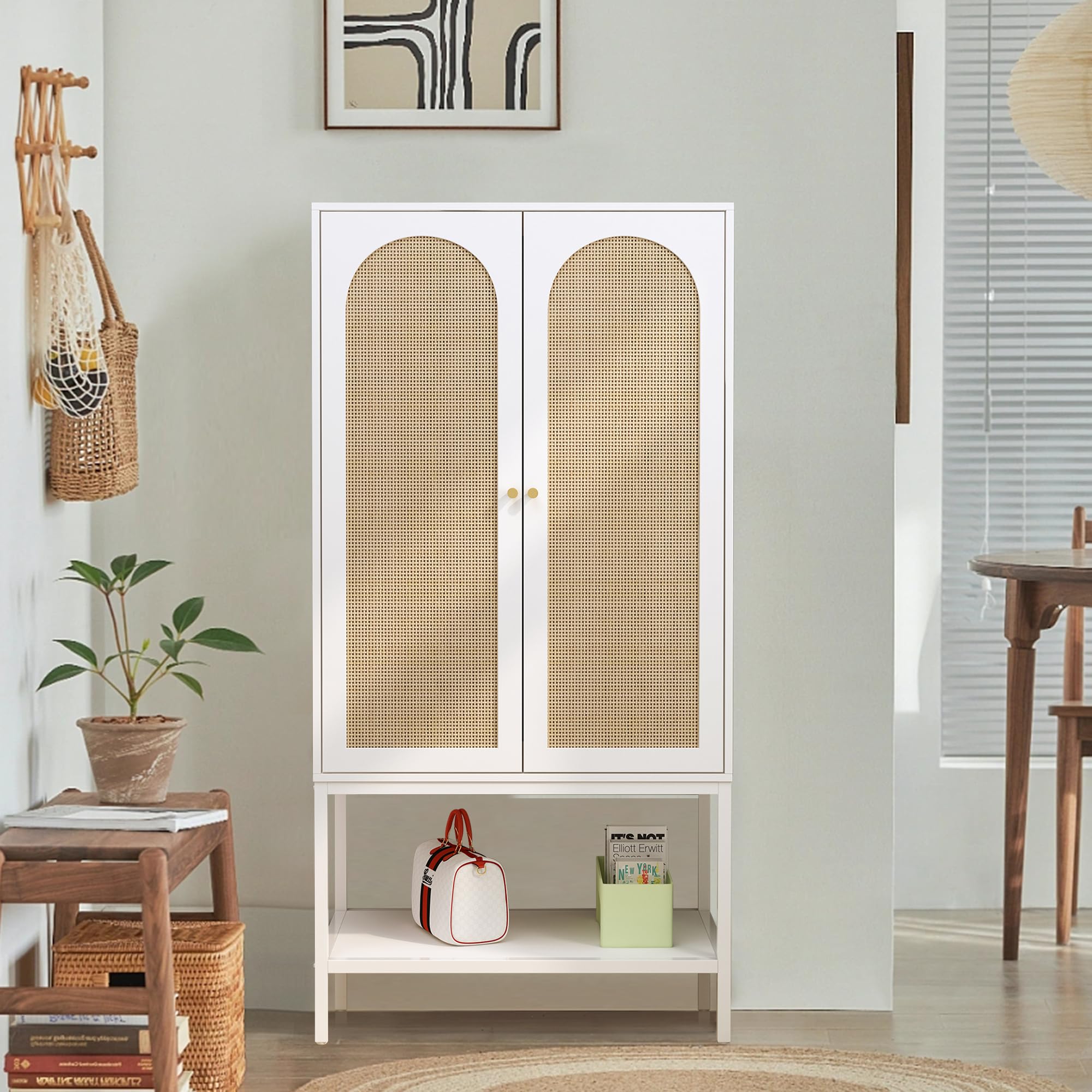 FOKWE 2-Door Rattan Wardrobe Closet with Shelves & Hanging Rail - White Storage Cabinet for Bedroom, Clothes Organization | Perfect for Small Spaces, Apartments & Dorm Rooms