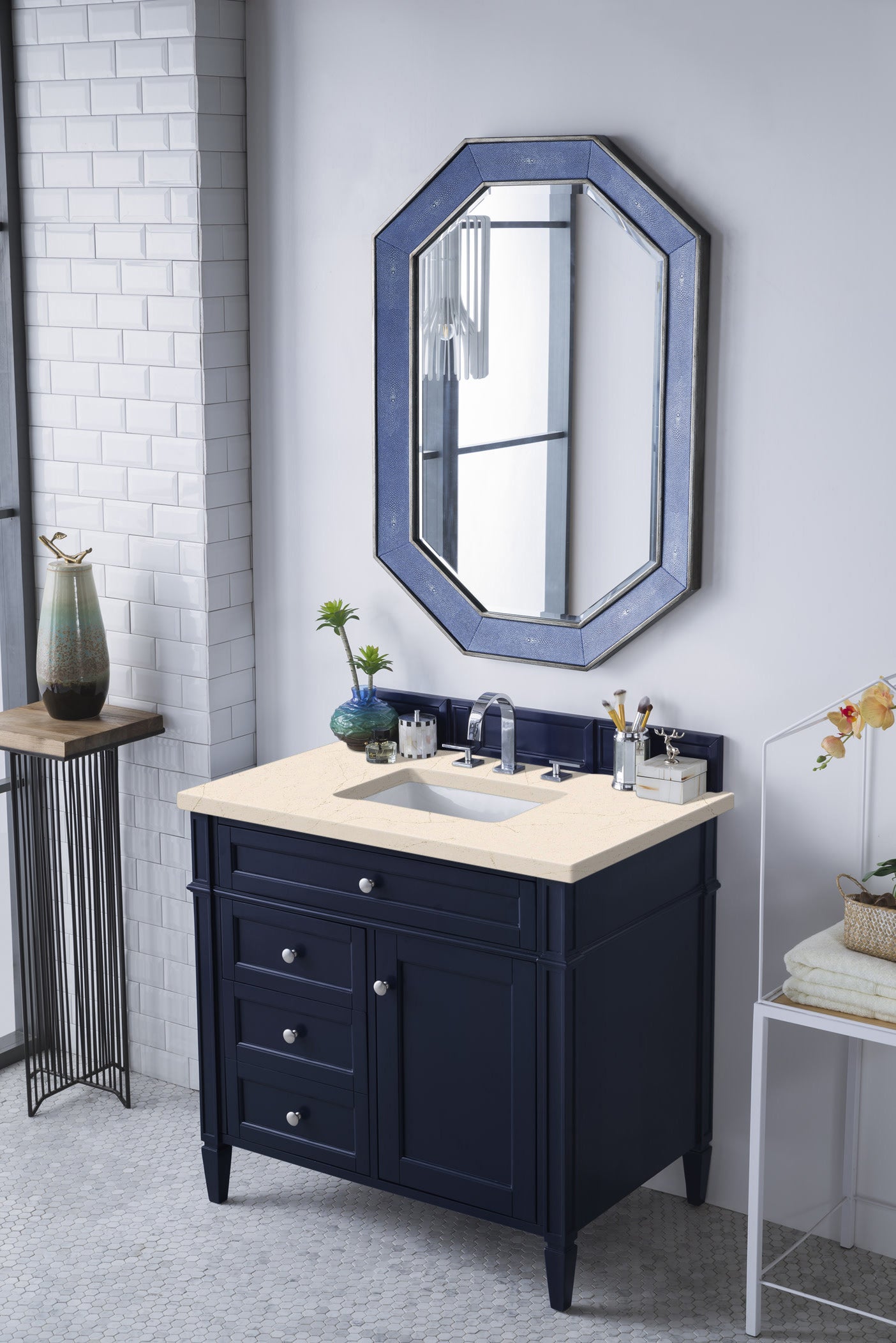 Brittany 36 Inch Victory Blue Bathroom Vanity with 3CM Eternal Marfil Quartz Countertop - Modern Single Sink Vanity for Small Bathrooms & Powder Rooms