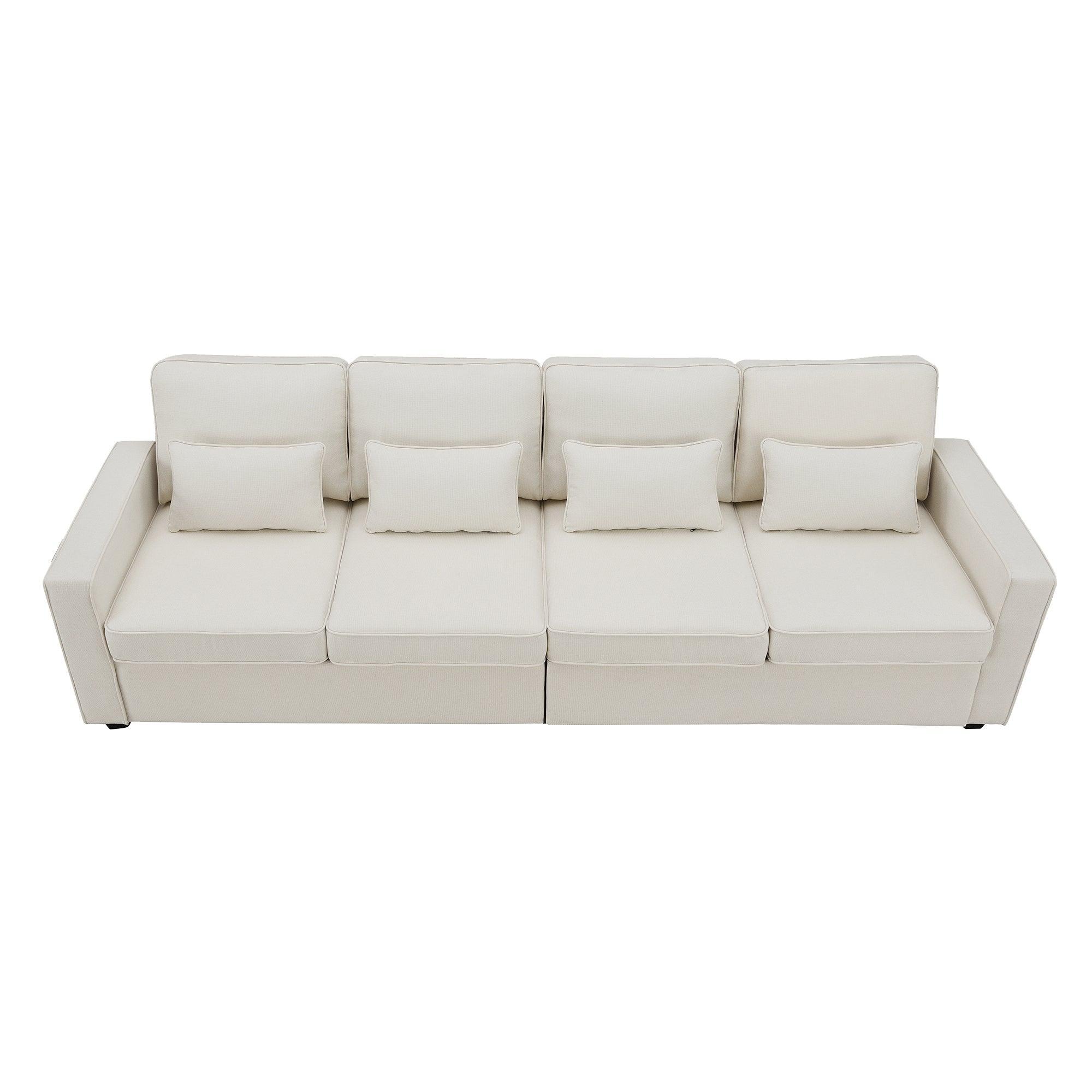 Modern 4-Seater Linen Fabric Sofa with Armrest Pockets & 4 Throw Pillows - Minimalist Living Room Couch for Small Spaces, Apartments and Cozy Home Decor