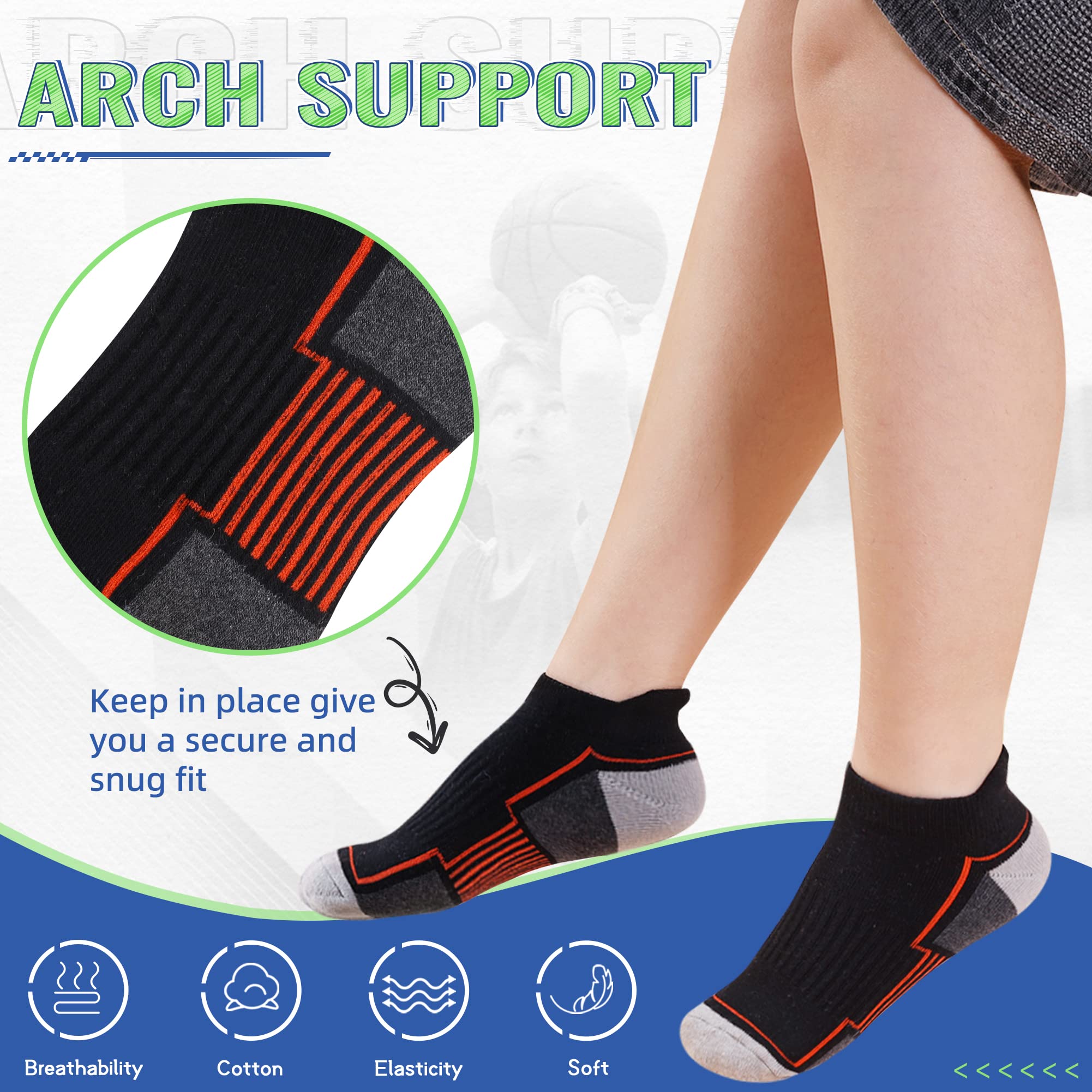SeeyAN Boys Athletic Ankle Socks - 6 Pairs of Breathable Cotton Low Cut Sports Socks with Half Cushion for Kids - Perfect for Running, Soccer, Basketball & Daily School Wear