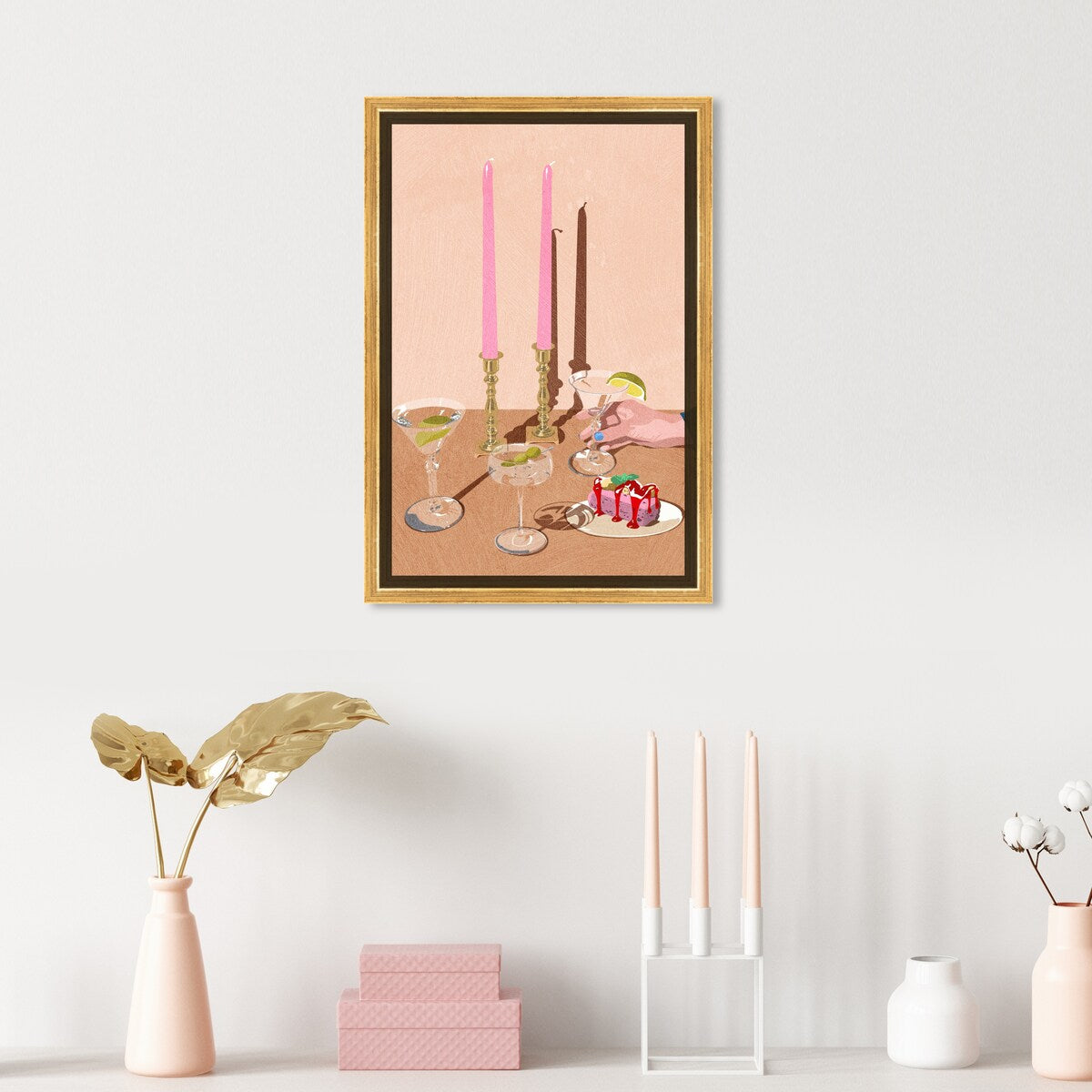 Elegant Pink Framed Canvas Wall Art Print - Modern Dessert & Drink Theme for Dining Room Decor | Perfect for Kitchen, Living Room, and Home Decoration