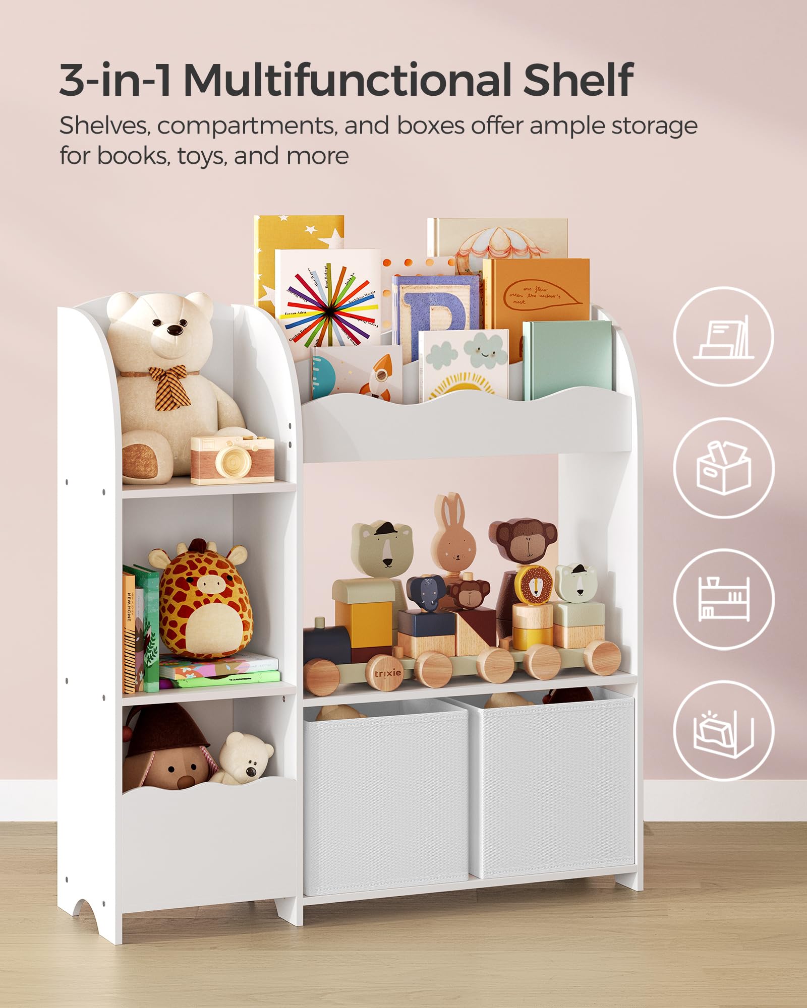 SONGMICS Kids Toy and Book Storage Organizer with 2 Bins - Multifunctional Bookshelf & Toy Organizer for Playroom, Nursery, Living Room - Cloud White UGKR042W01 | Perfect for Organizing Toys, Books, and Kids' Room Decor