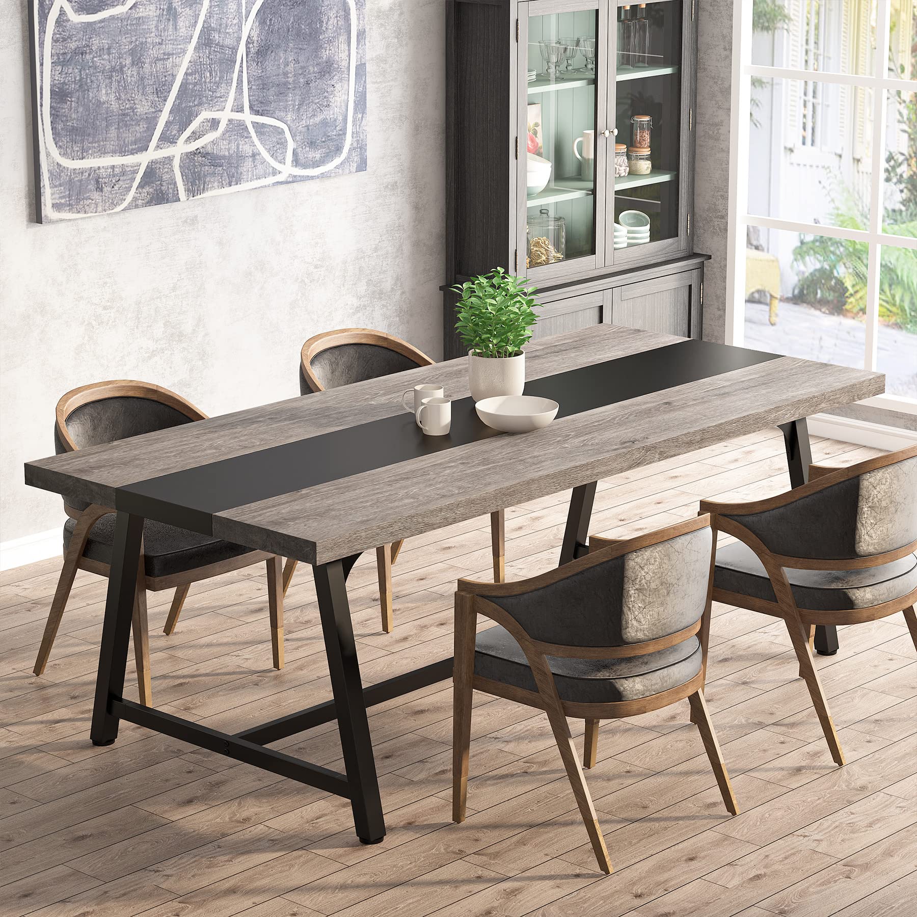 Tribesigns 70.87-inch Rectangular Dining Table for 8 People - Solid Wood Kitchen Table with Sturdy Metal Frame, Industrial Style Large Dining Room Table for Big Families (Gray, No Chair Included) - Perfect for Family Gatherings, Dinner Parties & Open Concept Living Spaces