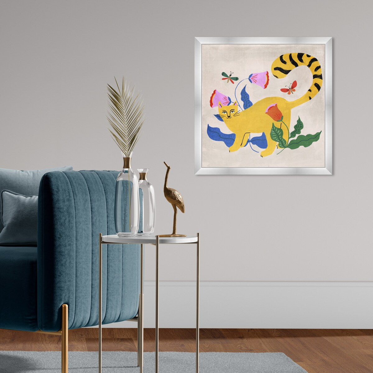 Blonde Tabby Floral Kitten Butterfly Garden Modern Yellow Framed Wall Art Print - Perfect for Bedroom, Nursery & Home Decor