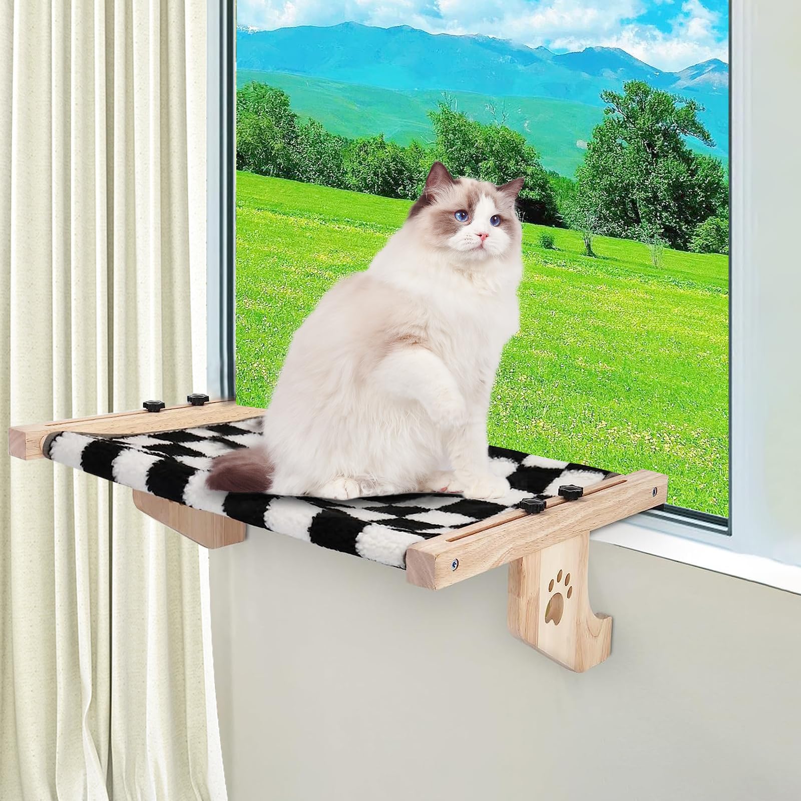 Gray Checkerboard Cat Window Perch with Wood Mat for Indoor Cats