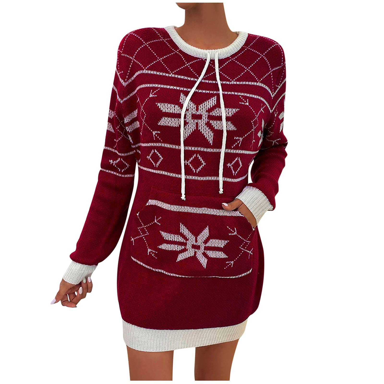 Christmas Women's Crewneck Sweater Wrap Dress - Long Sleeve Color Block Striped Dress for Holiday Parties & Winter Gatherings