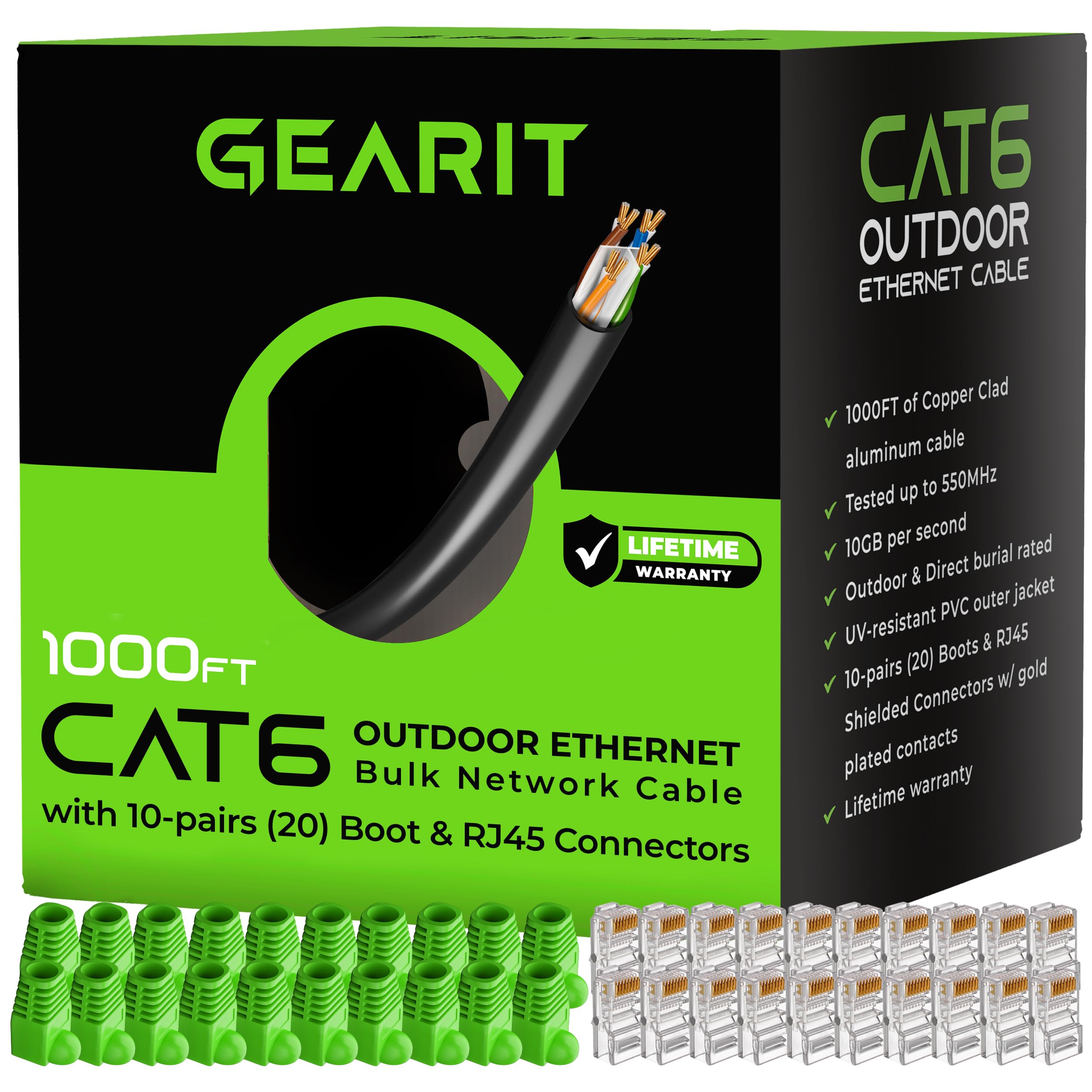 GearIT 1000ft Cat6 Ethernet Cable Bulk - Outdoor Waterproof Direct Burial UV Resistant, 10Gbps High Speed Network Cable with Gold Plated RJ45 Connectors - Perfect for Home Networking, Office Setup, and Outdoor Internet Installation