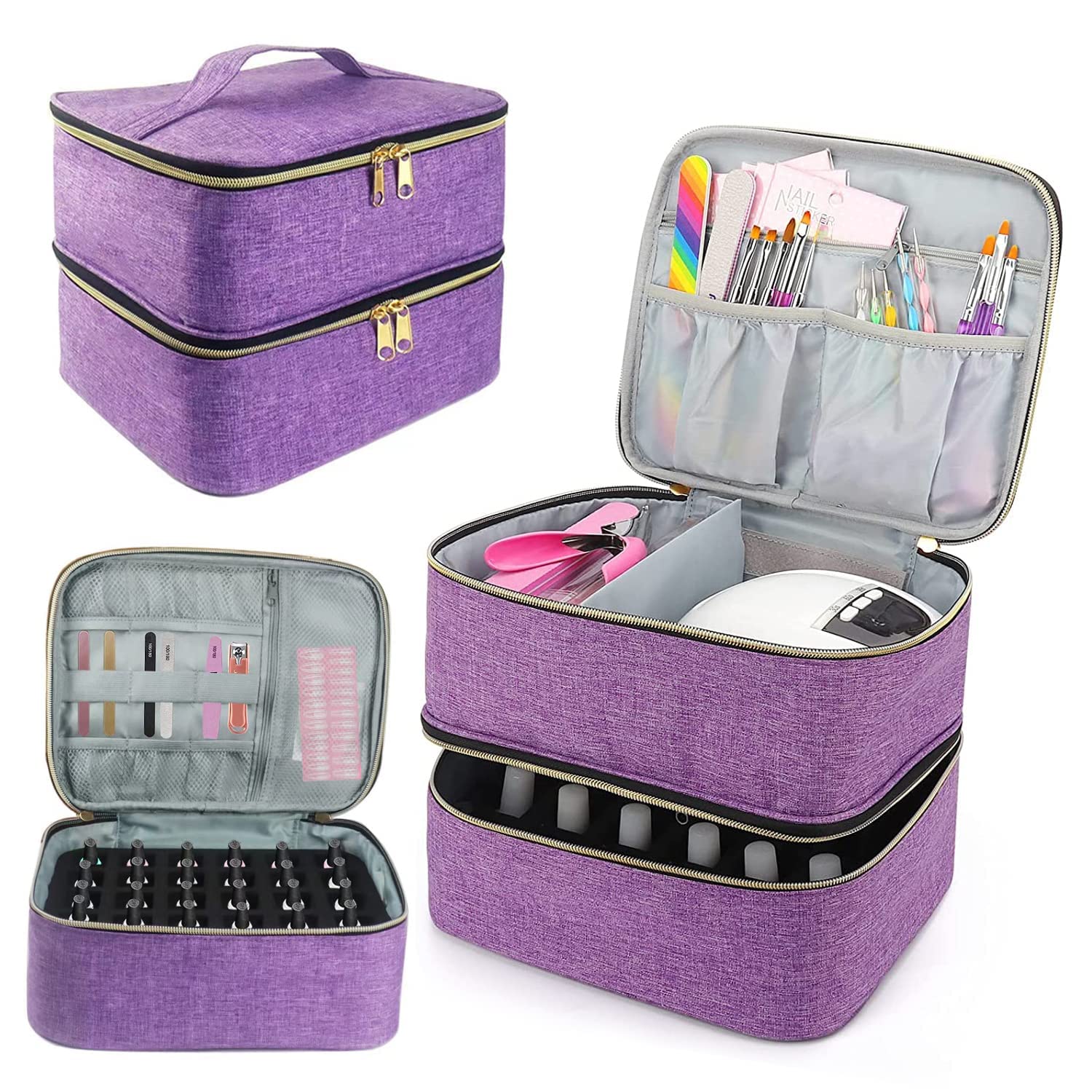 WOOLUCK® 30 Bottle Nail Polish Organizer with UV Nail Dryer Lamp - Double Layer Storage Bag for Nail Art Supplies | Perfect for Salon Professionals & Home Manicure Stations