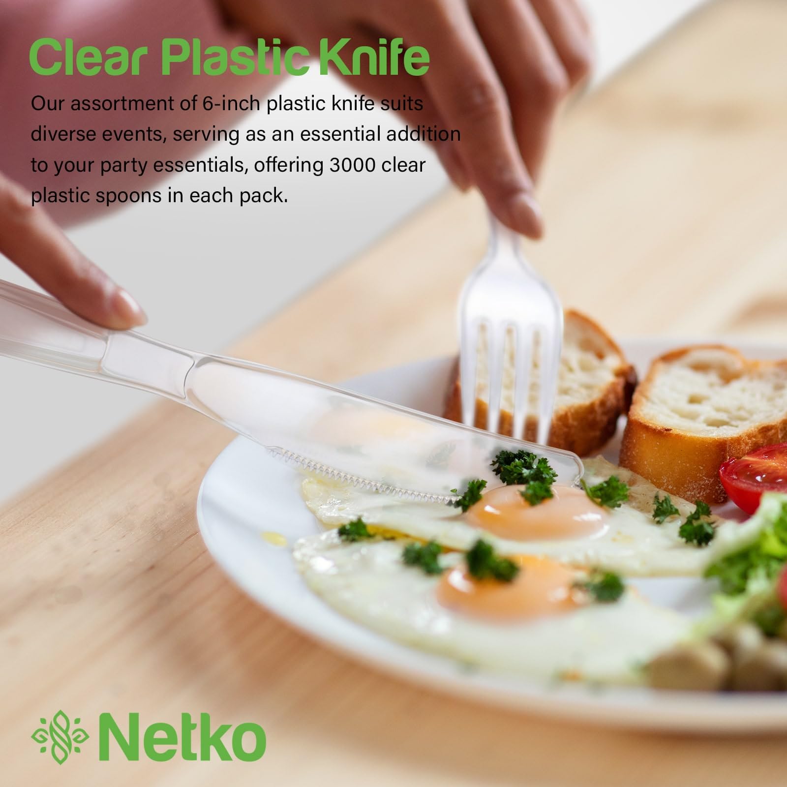 Netko Heavy Duty Plastic Knives - 300 Pack Disposable Clear Plastic Cutlery with Engraved Design for Parties, Picnics & Catering Events | BPA-Free Durable Plastic Knives