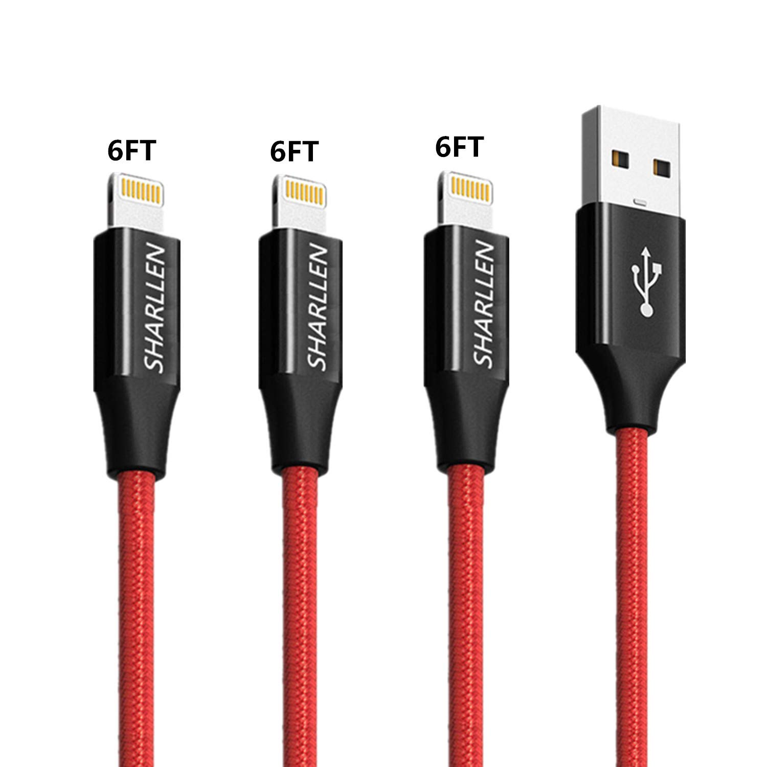 Sharllen 6FT/1.8M 3 Pack Nylon Braided iPhone Charger Cable - Fast Charging & Data Sync Compatible with iPhone 14/13/12/11/XS/Max/XR/X/8/7/6/SE, iPad & iPod (Red) - Perfect for Home, Office & Travel Use