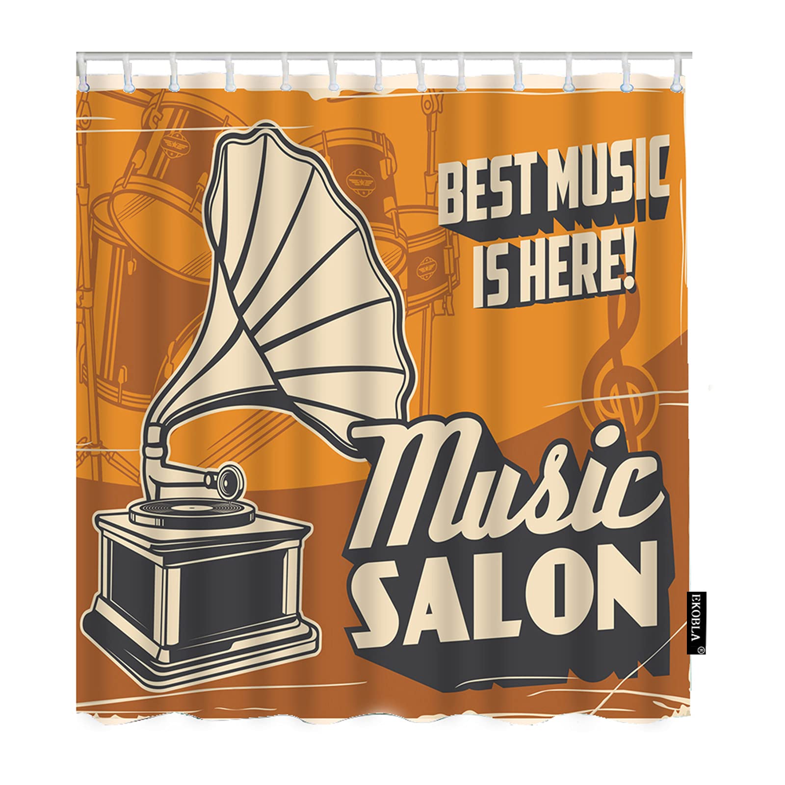 EKOBLA Vintage Gramophone Shower Curtain - Music Vinyl Drum Player Design Heavyweight Fabric Bath Curtain with 12 Hooks (60x72 Inch) for Bathroom, Bedroom, Kitchen - Perfect for Music Lovers & Retro Decor Enthusiasts