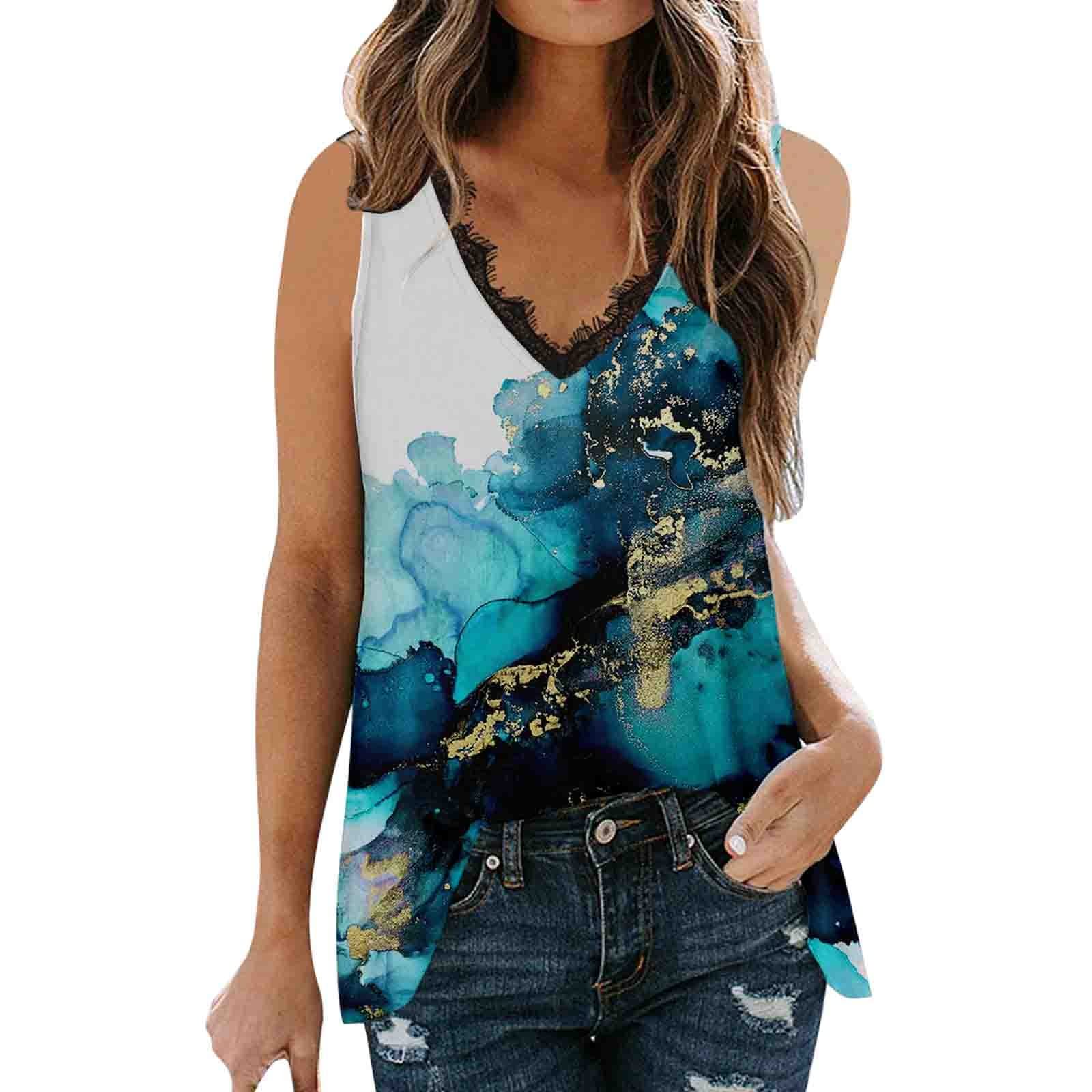 Women's Sleeveless Tie Dye V-Neck Lace Tank Top - Summer Casual Vest for Women - Customizable Blank Tops for Printing - Perfect for Beach, Music Festivals & Everyday Wear