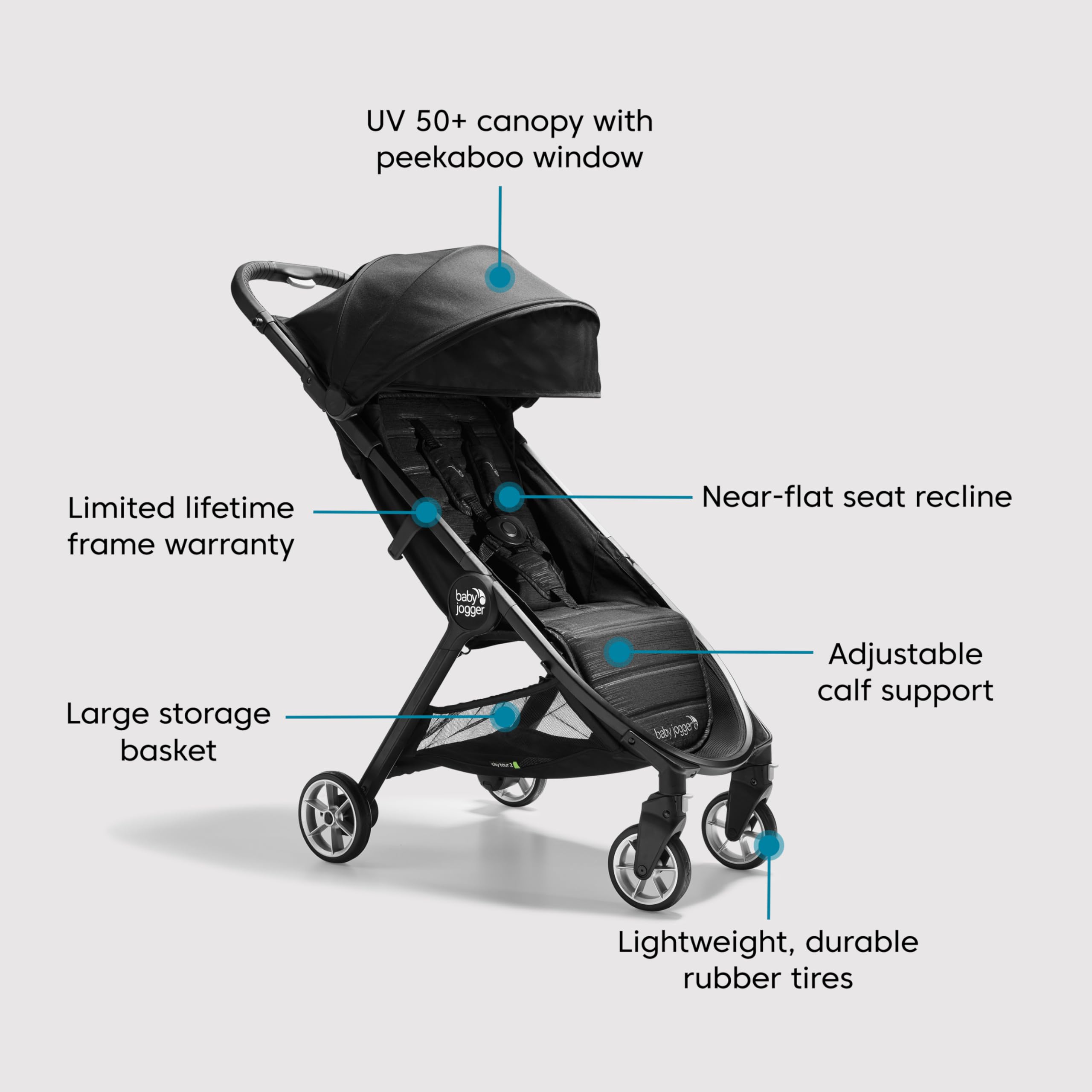 Baby Jogger City Tour 2 Ultra-Compact Travel Stroller - Lightweight & Foldable Stroller for Infants & Toddlers, Jet Black - Perfect for Air Travel, Shopping & Daily Outings