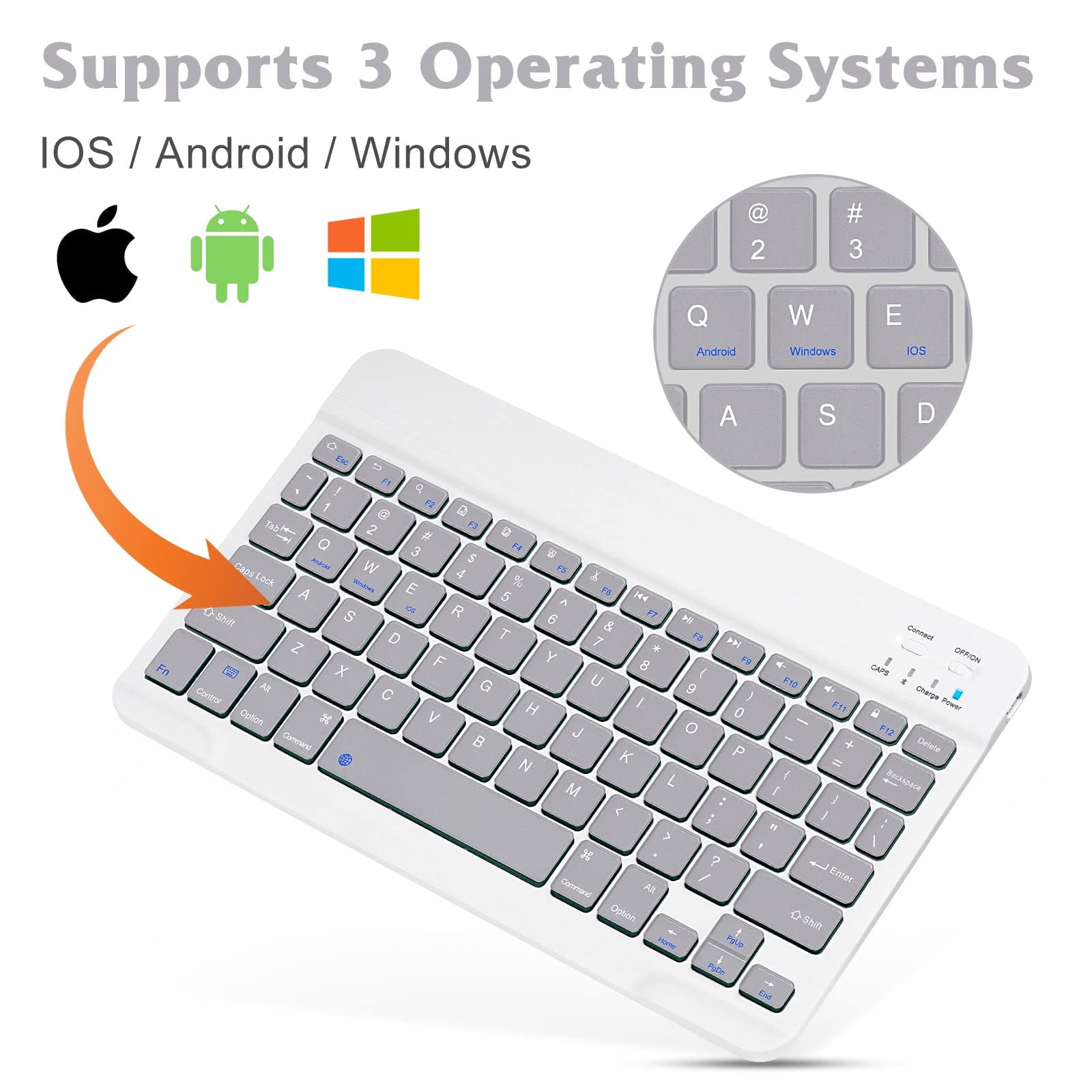 Rechargeable Bluetooth Keyboard and Mouse Combo - Ultra Slim Full-Size Wireless Set for Mac, iPad, PC, Samsung Galaxy Tab (Compatible with All Bluetooth Devices) - Stone Grey Keyboard with White Mouse - Perfect for Office Work, Remote Learning & Travel