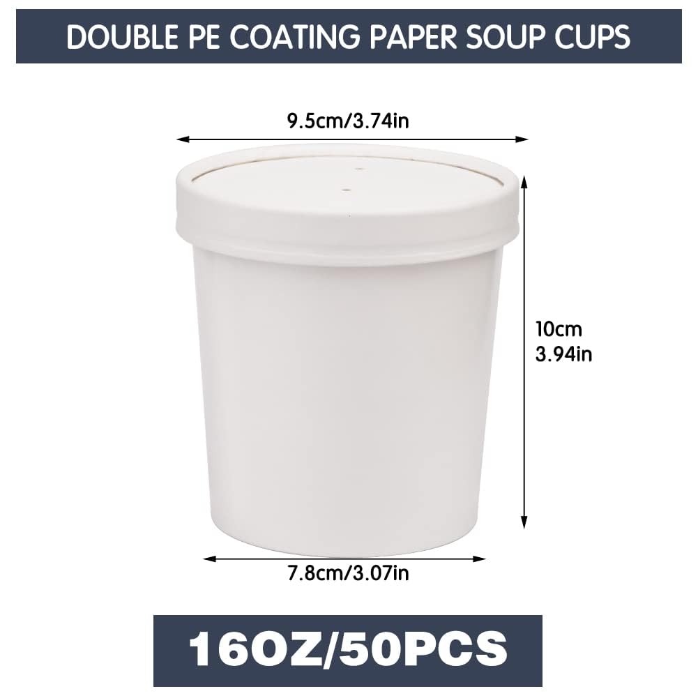 16 oz Disposable Paper Soup Cups - 50 Pack White Food Containers with Vented Lids for Hot Soups, Desserts & Ice Cream | Perfect for Takeout, Catering & Party Serving