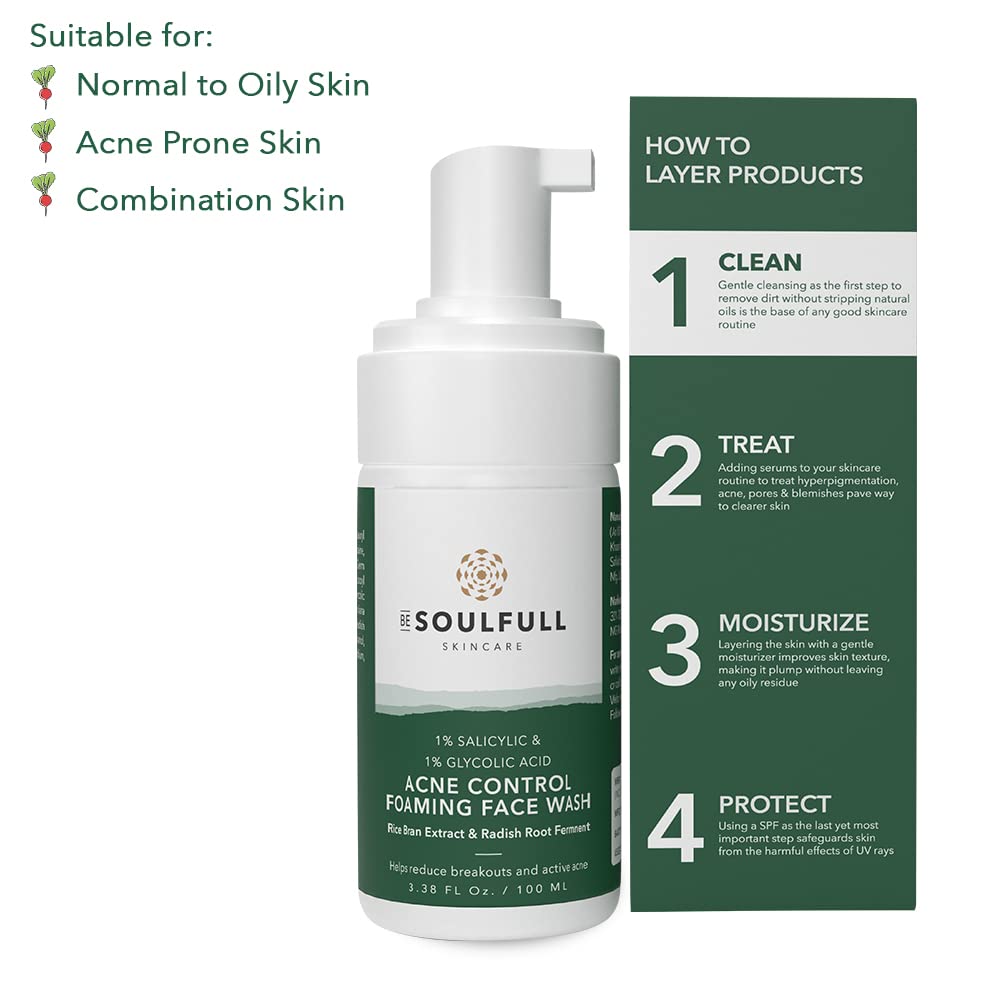 BE SOULFULL Acne Foaming Face Wash with 1% Salicylic Acid & Glycolic Acid - Oil Control & Exfoliating Daily Face Wash for Acne Prone Skin - Reduces Pores & Dead Skin Cells - 100ml - Perfect for Morning & Night Skincare Routine