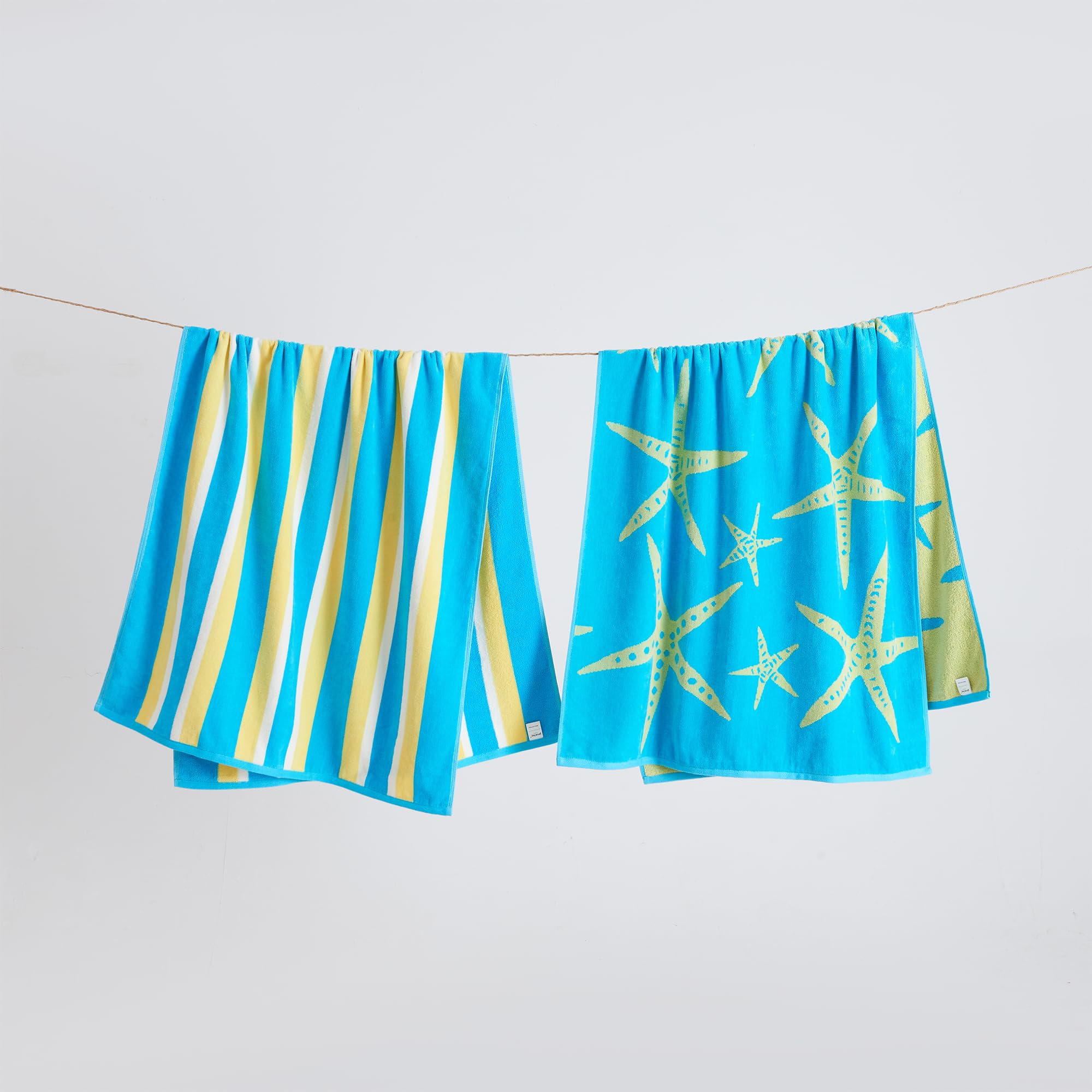 Great Bay Home 100% Cotton Beach Towels | 2-Pack 30x60 Inch Quick Dry & Absorbent Pool Towels for Adults & Kids | Blue/Yellow Starfish & Stripe Design | Perfect for Beach, Pool, Gym & Travel