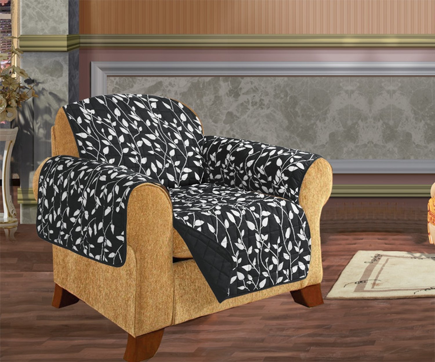 Elegant Reversible Quilted Leaf Design Furniture Protector - Anti-Slip Microfiber Couch Cover for Pets, Dogs & Kids with Secure Ties - Black Chair Cover for Living Room Sofa Protection