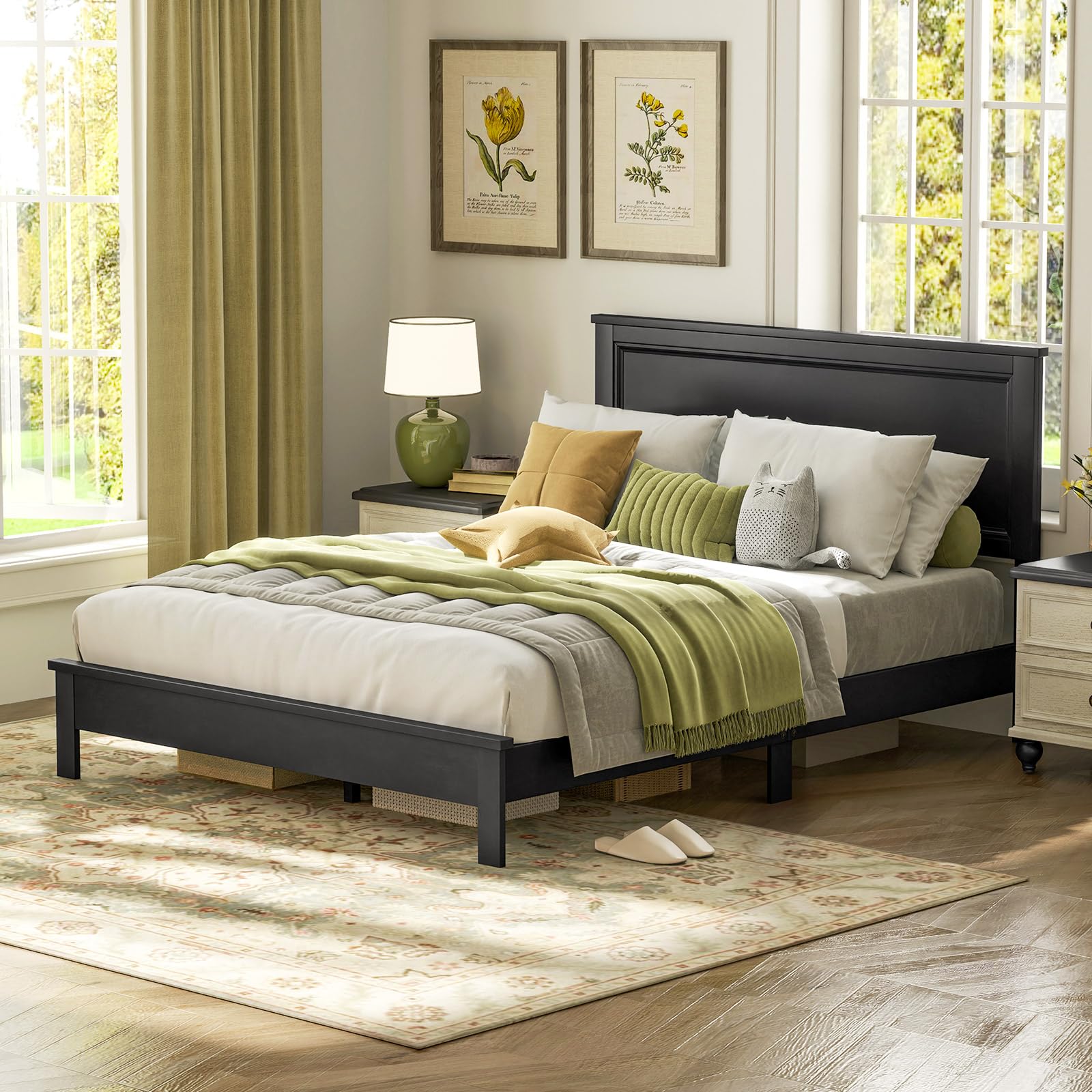 Giantex Queen Size Wooden Platform Bed Frame with Headboard - Mid Century Modern Solid Wood Legs & Wooden Slat Support - Easy Assembly 500 lbs Weight Capacity - Black Bed Frame for Bedroom, Guest Room, Dorm