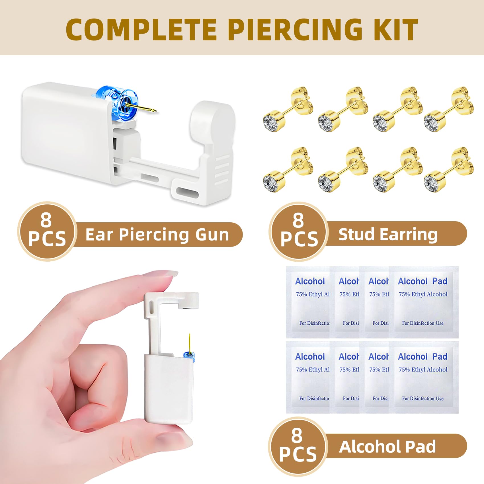 24 Pcs Disposable Ear Piercing Kit with 8 Self-Piercing Guns & 8 Cubic Zirconia Stud Earrings - Safe & Easy Home Ear Piercer Tool for Adults & Teens (Gold) | Perfect for DIY Ear Piercing, Gifts & First-Time Users