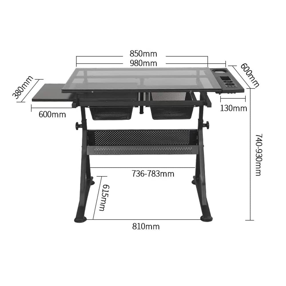 Adjustable Height Glass Top Drafting Desk with Storage - Tiltable Art & Craft Table for Home Office, Studio & Workspace - Perfect for Drawing, Painting, Writing & Design Projects
