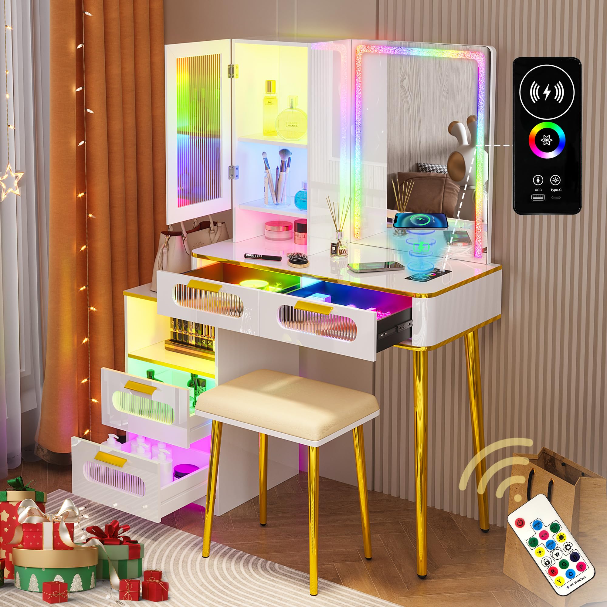 HNEBC White LED Vanity Desk with Mirror, Lights & Wireless Charging - Modern Makeup Vanity Table with Body Sensor for Women | Perfect for Bedroom, Dressing Room & Beauty Salon Setup