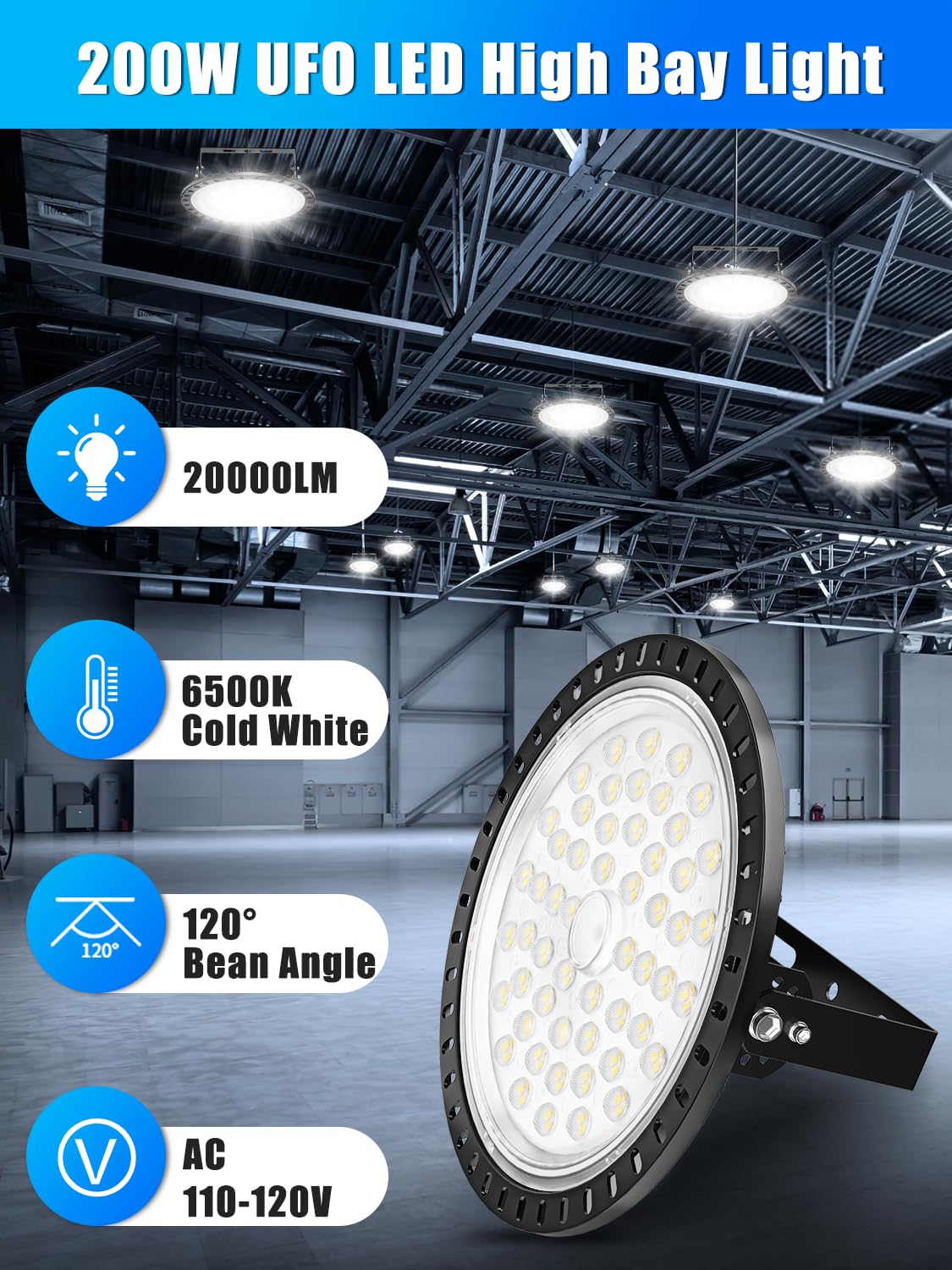 200W UFO LED High Bay Lights 5-Pack - 20,000LM Super Bright 6500K Daylight White - IP65 Waterproof Industrial Lighting for Warehouse, Workshop, Factory - Energy Saving Durable LED Shop Lights for Commercial & Industrial Spaces