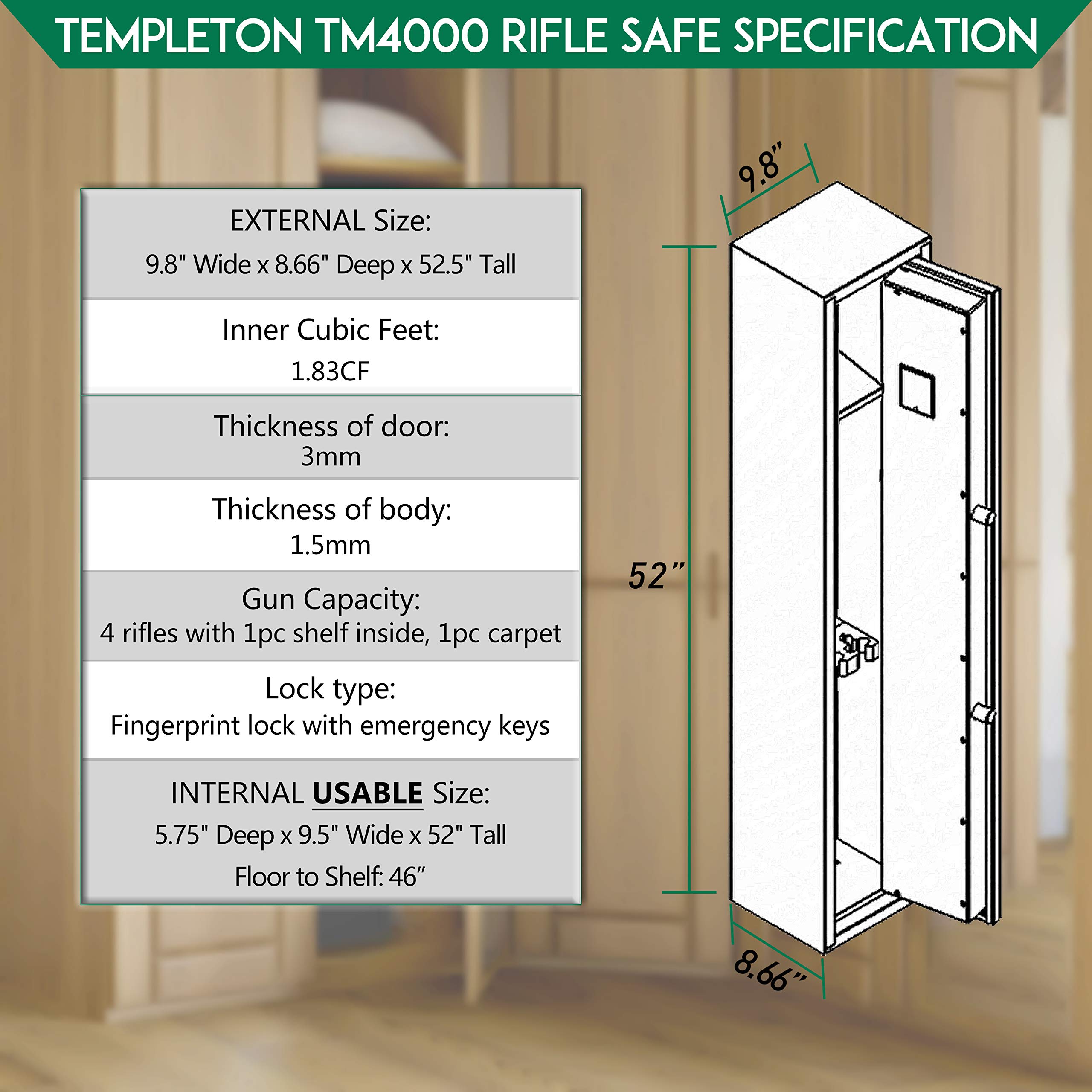 Templeton Quick Access Biometric Rifle & Gun Safe with Silent Mode - 4 Rifle Capacity | Secure Firearm Storage for Home, Office & Hunting | Fast Fingerprint Access for Emergency Protection