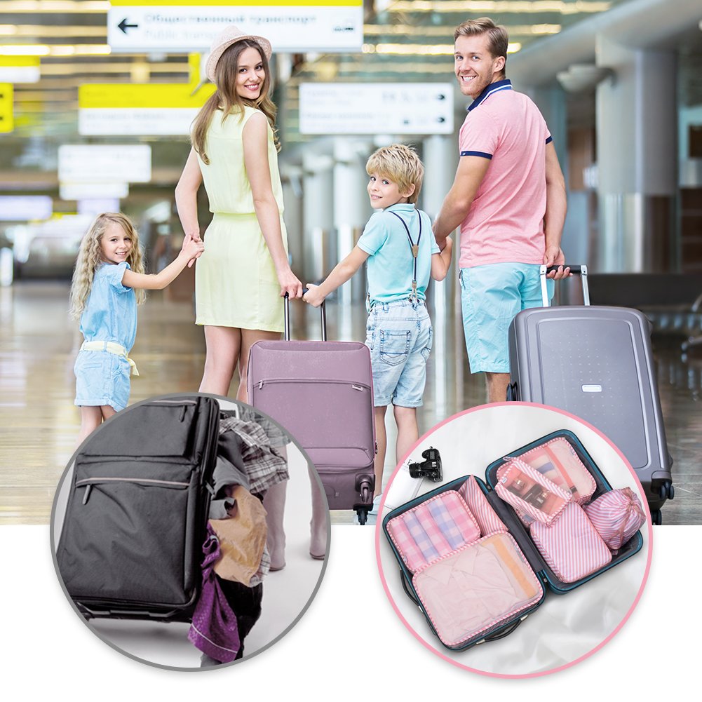 7-Piece Travel Packing Cubes Set with Toiletry Bag - Pink Stripe Organizers for Luggage & Suitcases | Perfect for Business Trips, Vacations & Weekend Getaways