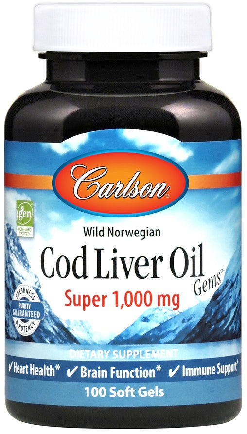 Carlson Labs Wild Norwegian Cod Liver Oil Gems 1000mg - 100 Softgels for Heart, Brain & Immune Health - Supports Joint & Bone Strength - Perfect for Daily Wellness Routine
