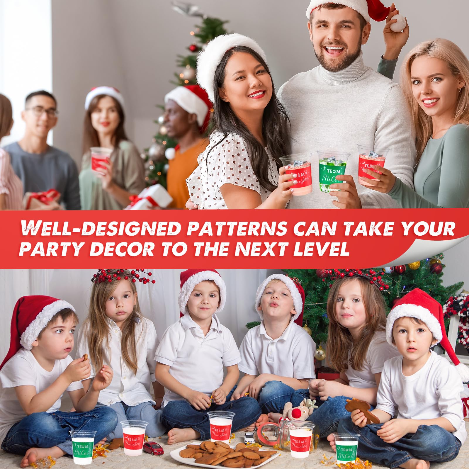 100-Pack 12 oz Christmas Plastic Cups - Naughty or Nice Design, Disposable Party Cups for Beer, Drinks & Snacks - Perfect for Xmas Decorations, Holiday Gatherings & Office Celebrations